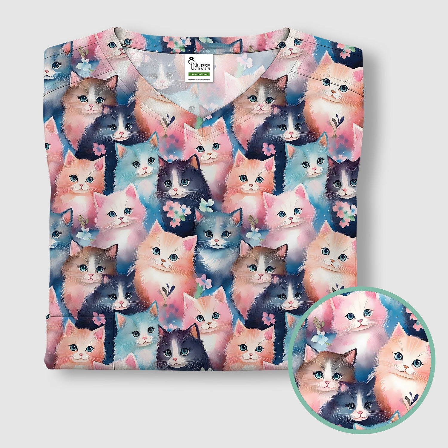 Pastel Kitten Pattern Scrub Top, Cute Aesthetic Cat Nursing Uniform for Women
