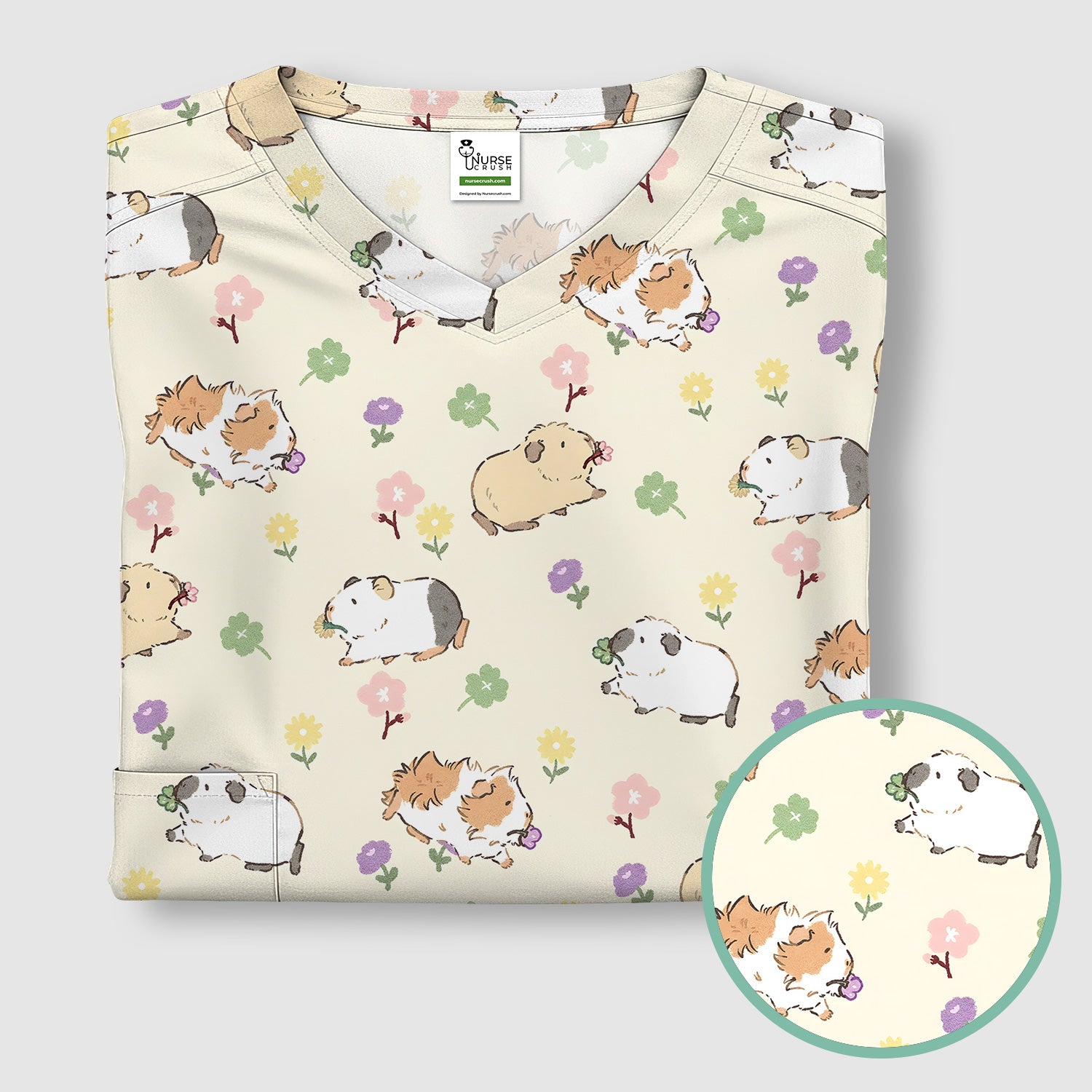 Cozy Guinea Pig Floral Doodle Pattern Scrub Top, Comfortable Scrubs for Nurses