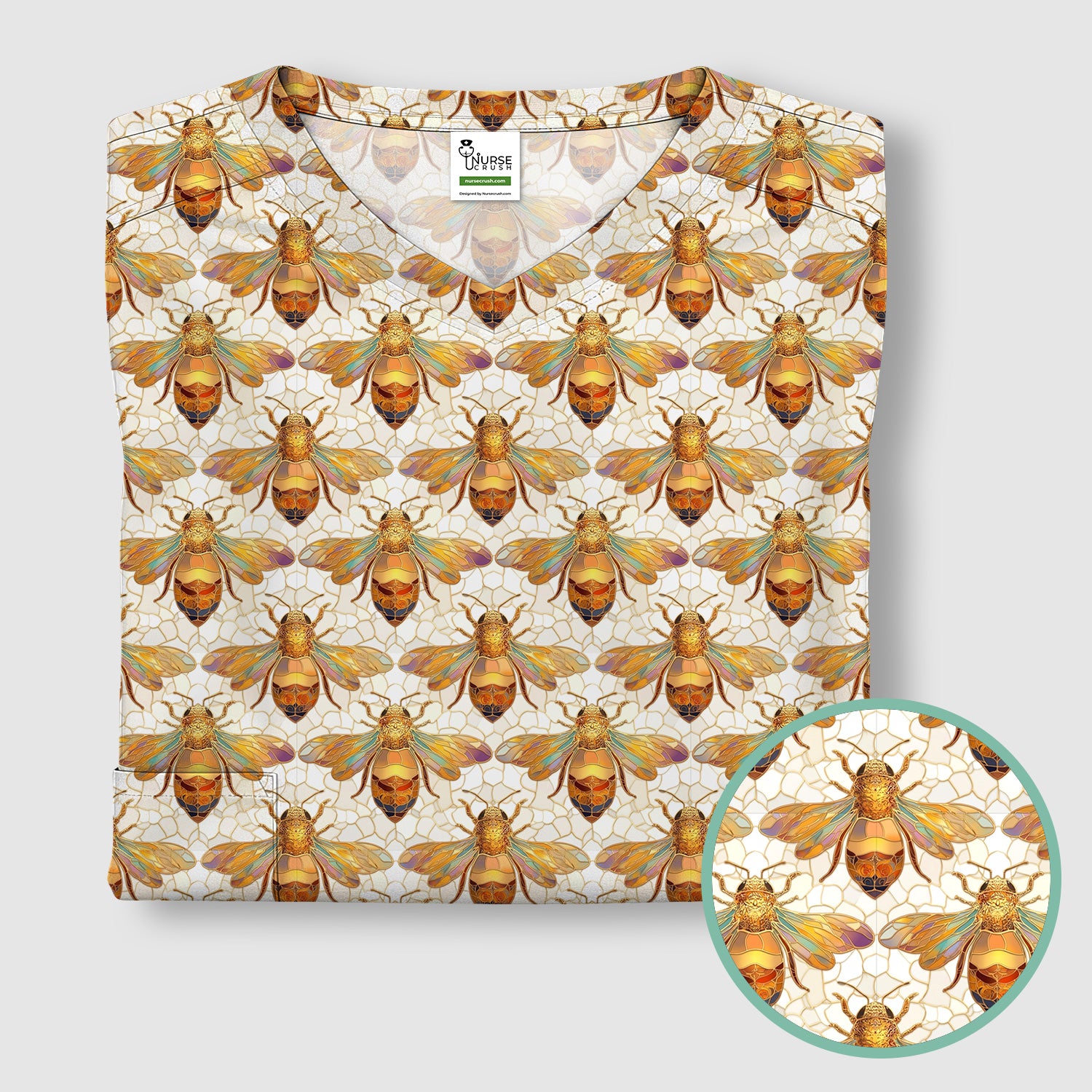 Golden Honey Bee Honeycomb Nurse Pattern Scrub Top, Comfortable Scrubs for Nurses