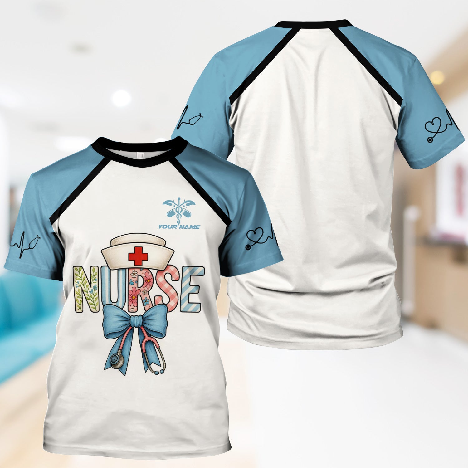 Custom Nurse Scrub Top for Women - Cute Bow Stethoscope Design & Name Personalization - Gift for RN CNA LPN Nursing Appreciation