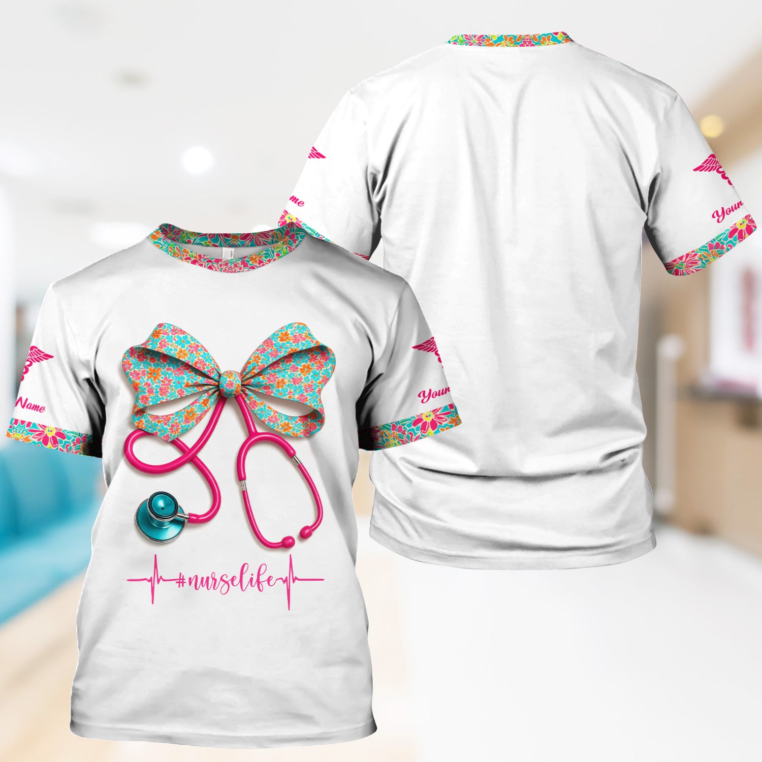 Custom Name Floral Bow Nurse Life Shirt - Cute Stethoscope Design with Heartbeat Graphic - Gift for RN LPN CNA Medical Staff