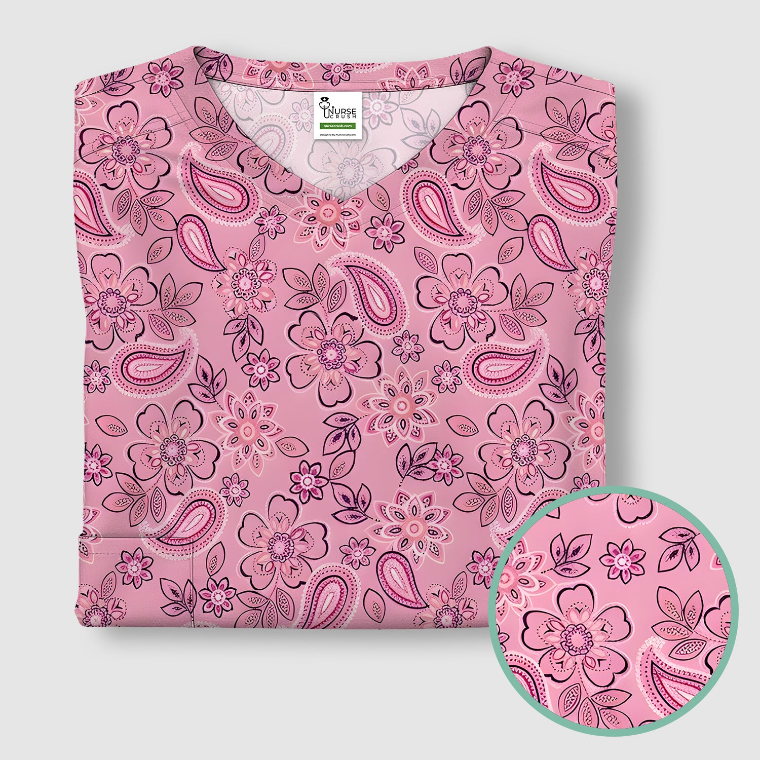 Pink Paisley Floral Nurse Pattern Scrub Top, Comfortable Scrubs for Nurses