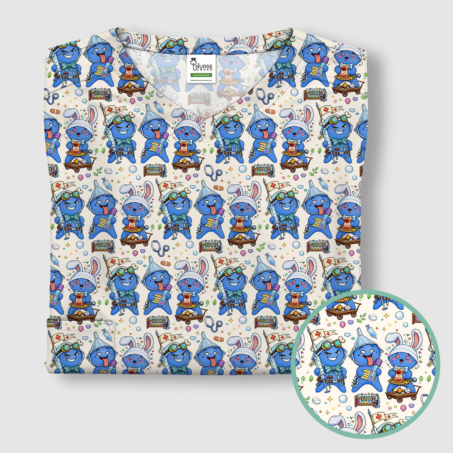 Cute Glove Doll Hospital Medical Cartoon Nurse Pattern Scrub Top, Comfortable Scrubs for Nurses