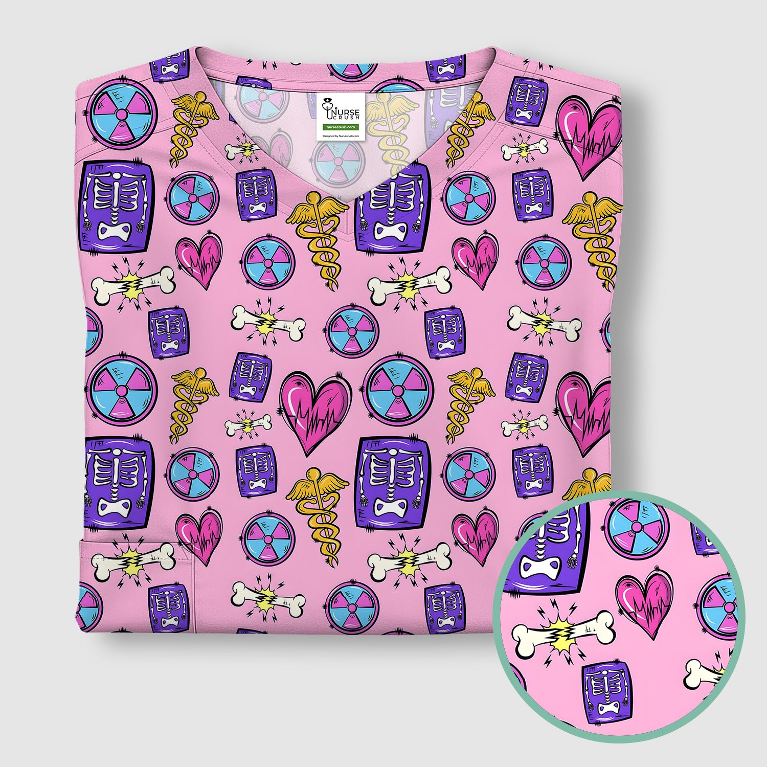 Sassy Nurse Heart Bone Caduceus Xray Icon Print Scrub Top, Comfortable Scrubs for Nurses