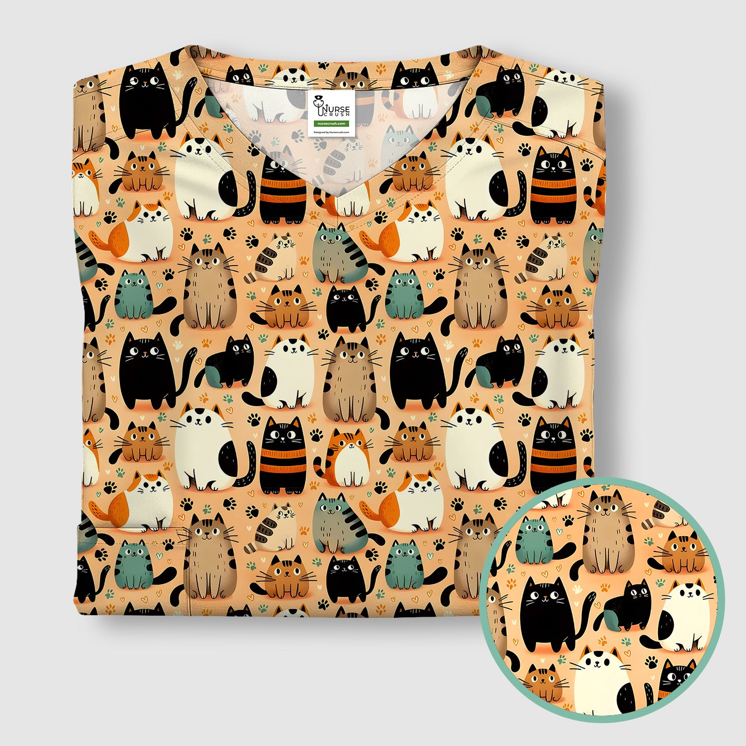 Cat Parade Doodle Pattern Scrub Top, Comfortable Scrubs for Nurses