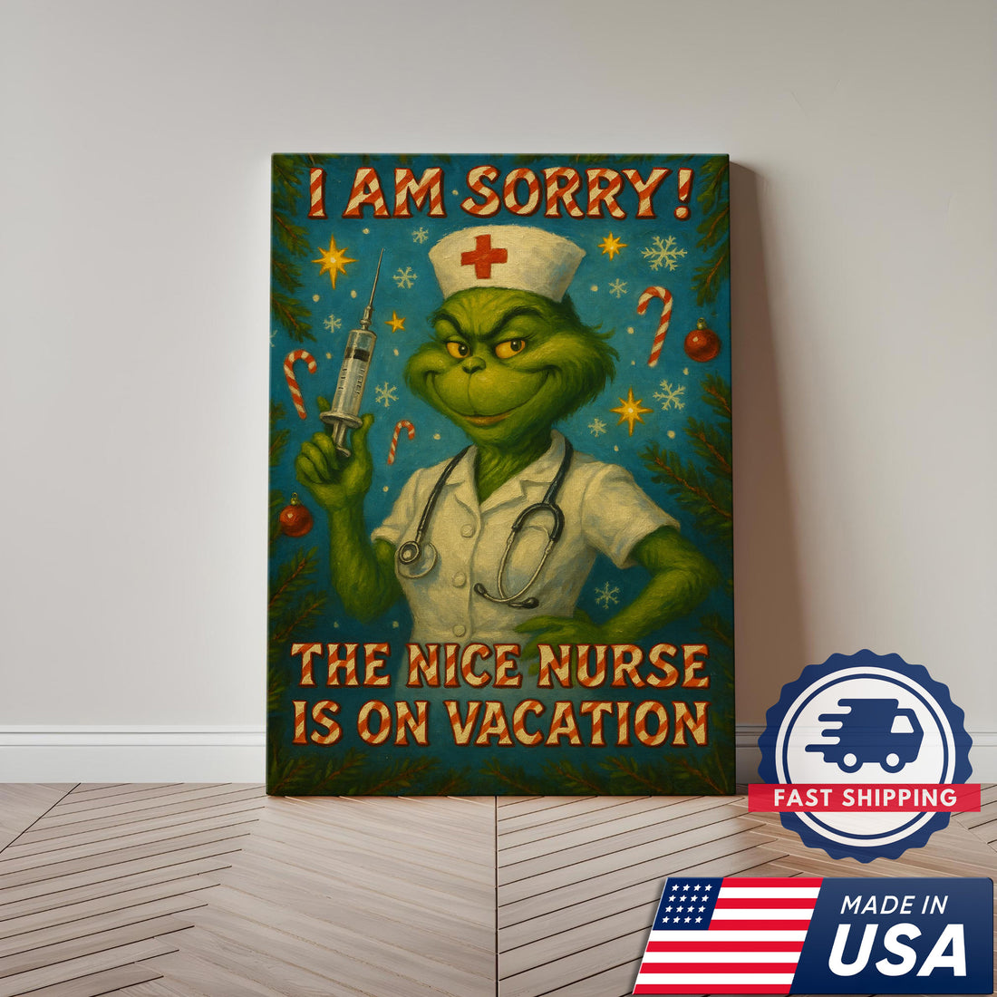 Funny Nurse Wall Art Canvas - Grinch Christmas Quote The Nice Nurse Is On Vacation - Humorous Gift for Nurses Made in USA