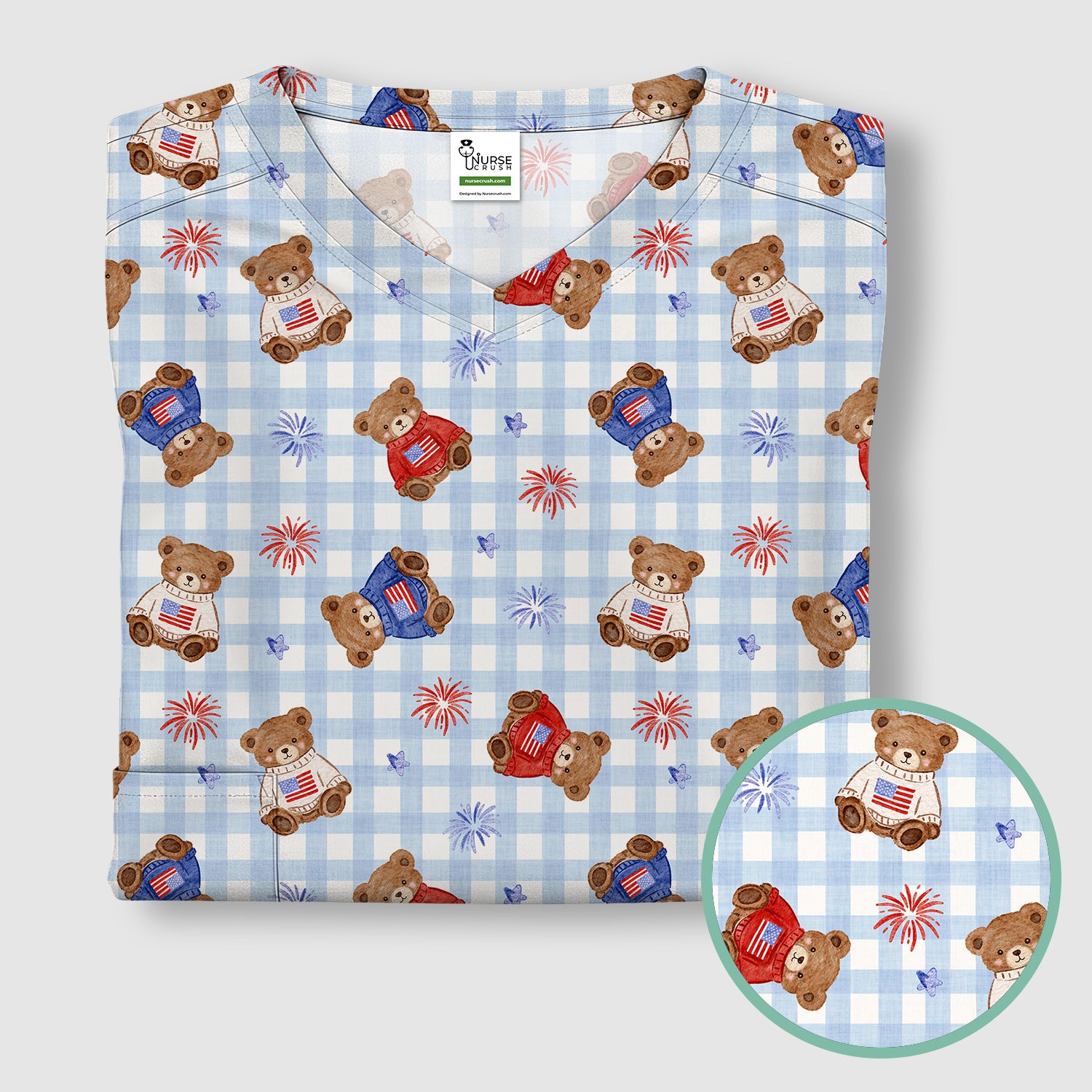 Cute Patriotic Teddy Bear Firework Gingham Pattern Scrub Top, Comfortable Scrubs for Nurses