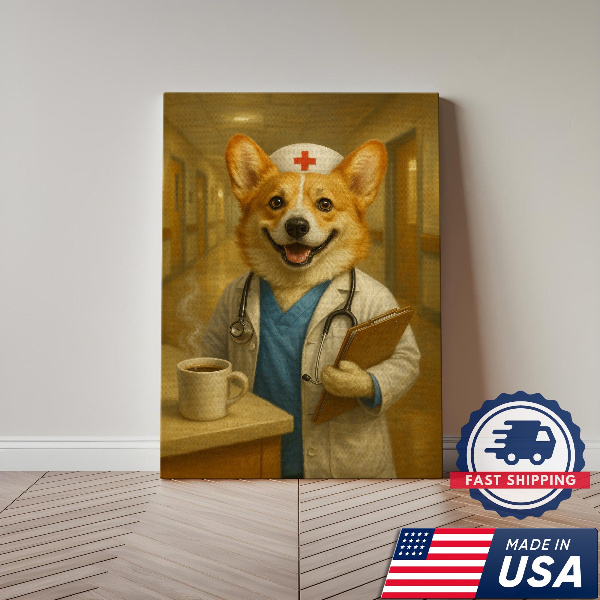 Funny Corgi Nurse Canvas, Cute Nurse Poster Wall Art For Clinic, Nursing Gift For RN, Corgi Nurse Poster