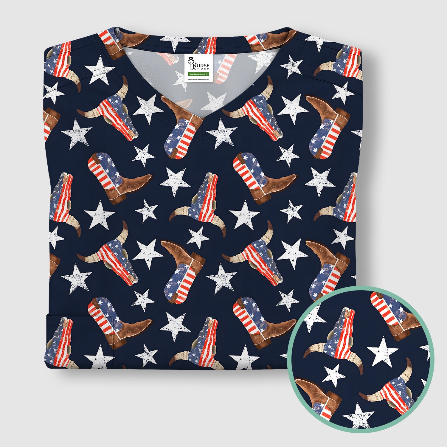Western Boots Stars Pattern Scrub Top, Comfortable Scrubs for Nurses
