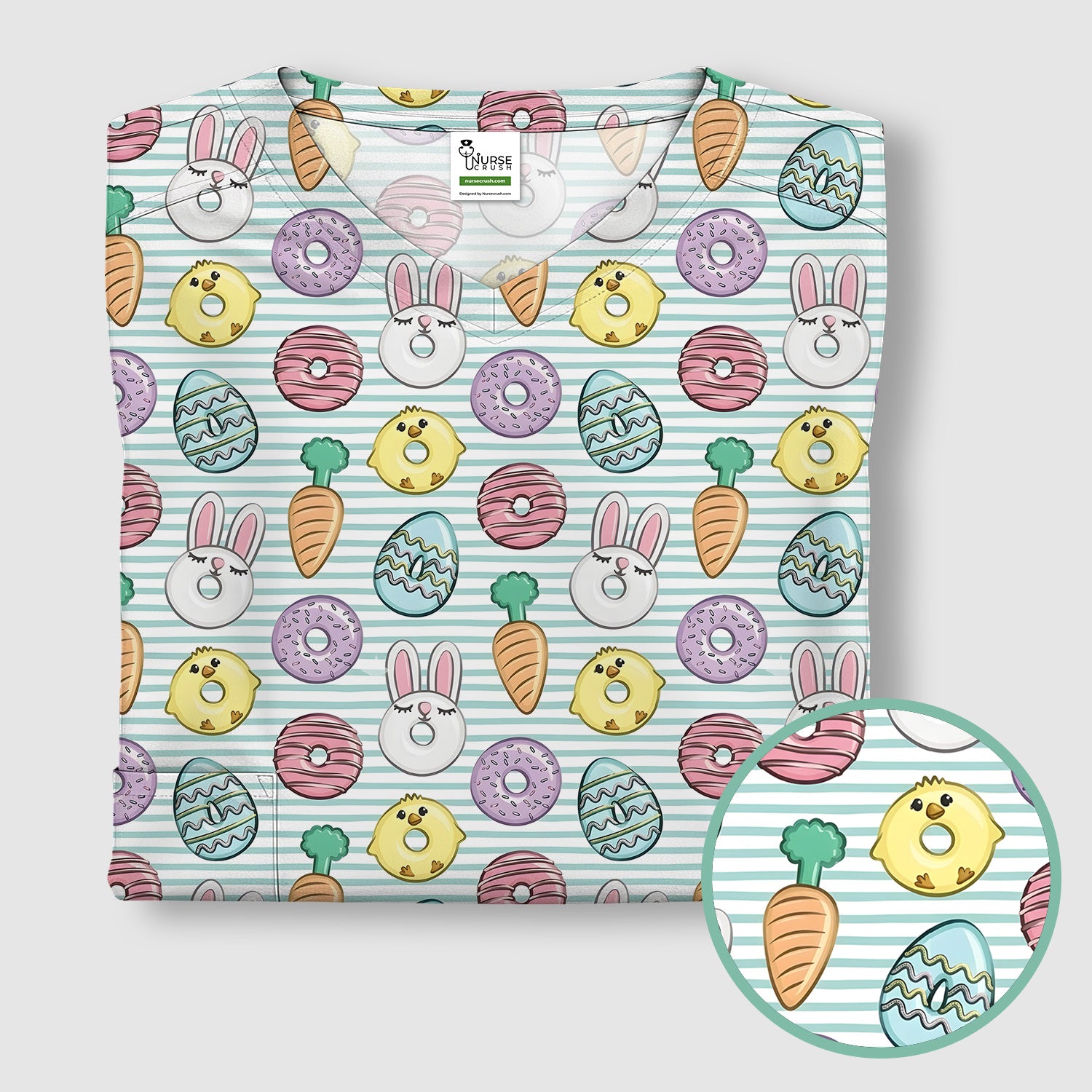 Funny Easter Chick Bunny Pattern Scrub Top, Breathable Fabrics Nursing Uniform