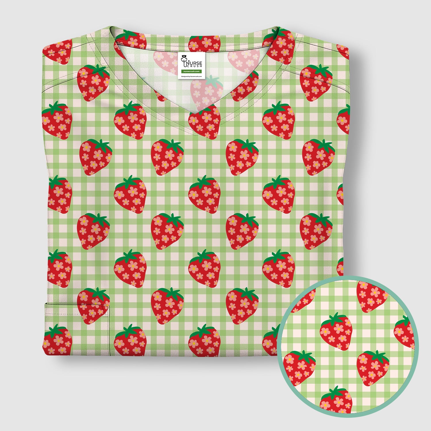 Sweet Strawberry Gingham Print Scrub Top, Comfortable Scrubs for Nurses