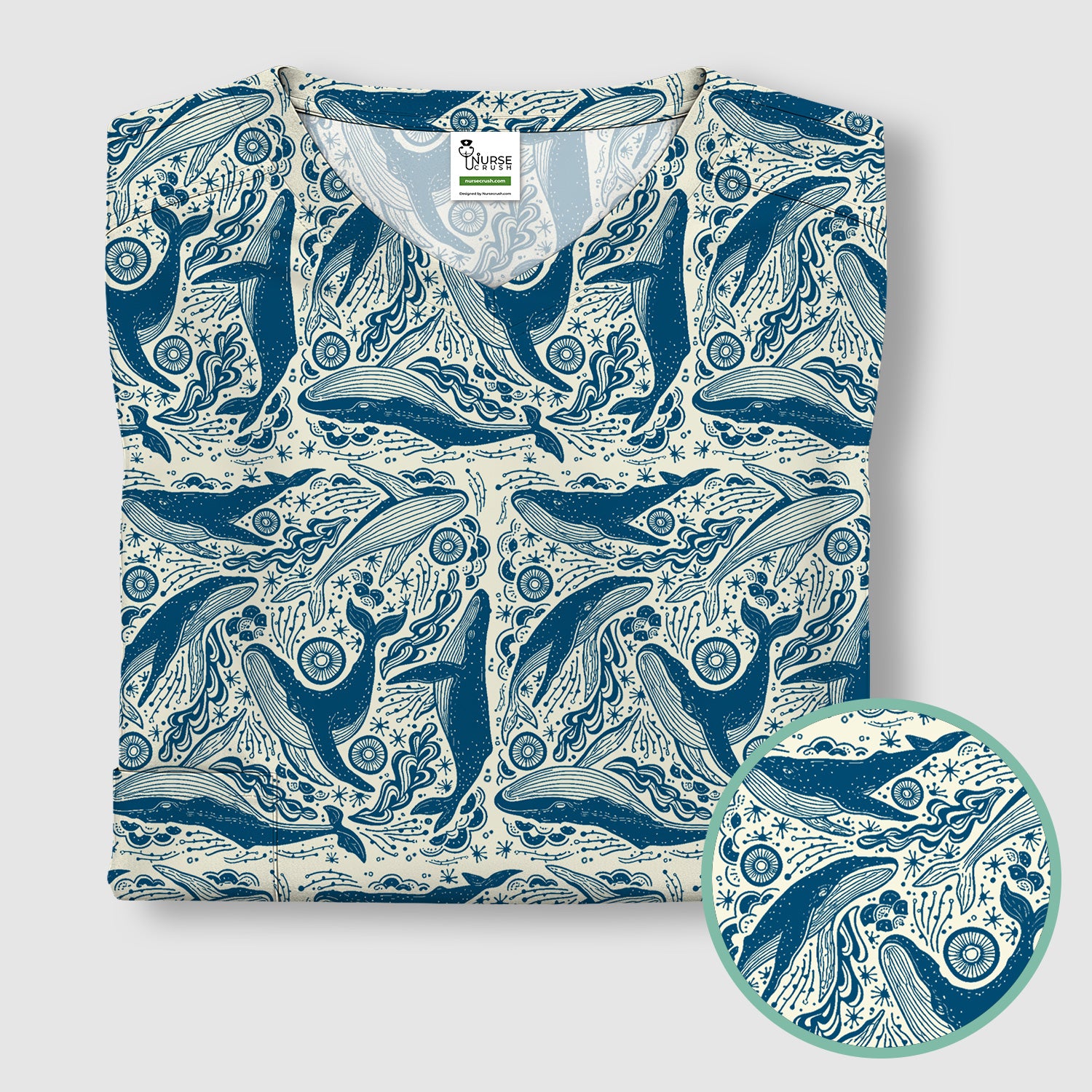 Blue Whale Ocean Pattern Scrub Top, Breathable Fabrics Nursing Uniform