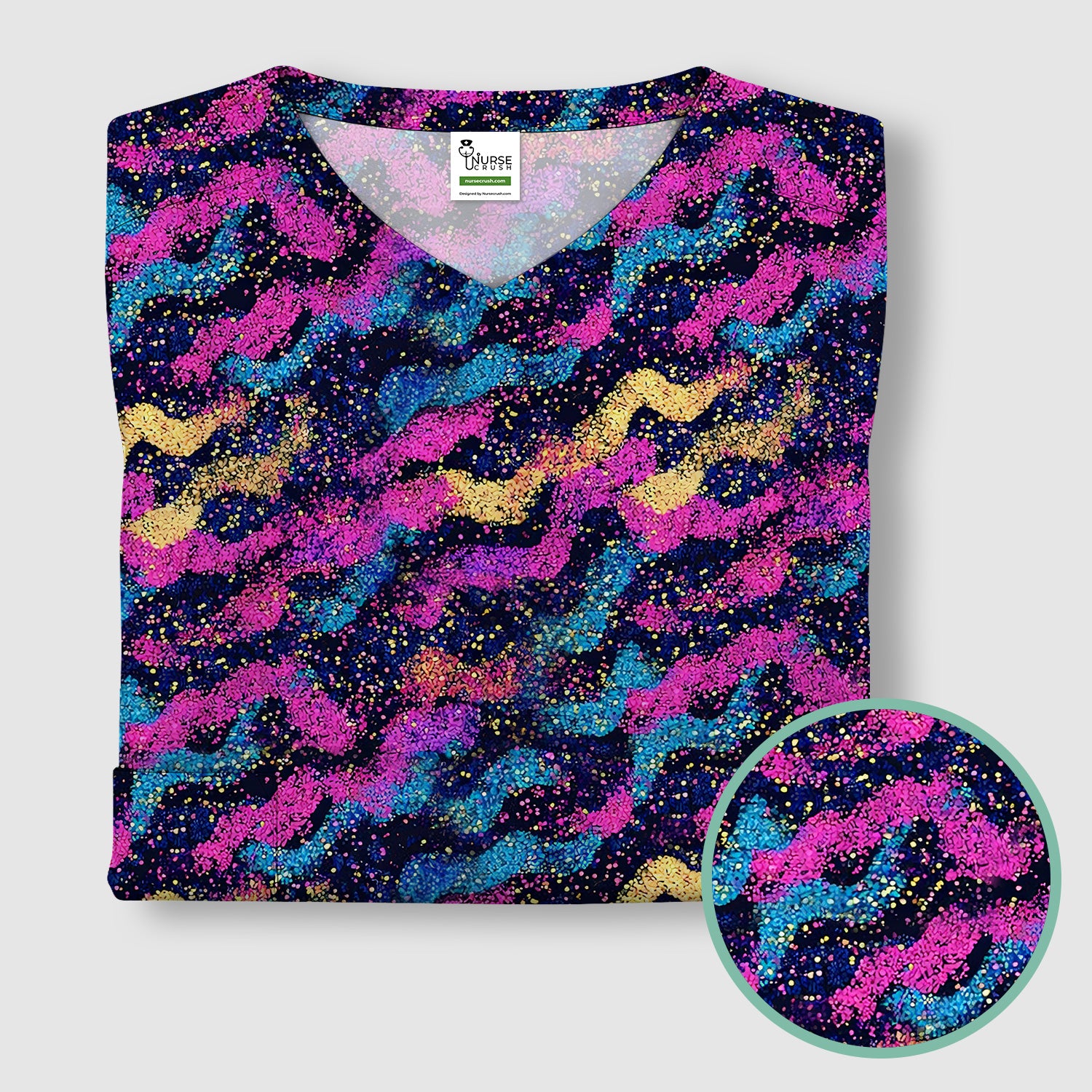 Neon Glitter Galaxy Wavy Pattern Scrub Top, Breathable Fabrics Nursing Uniform