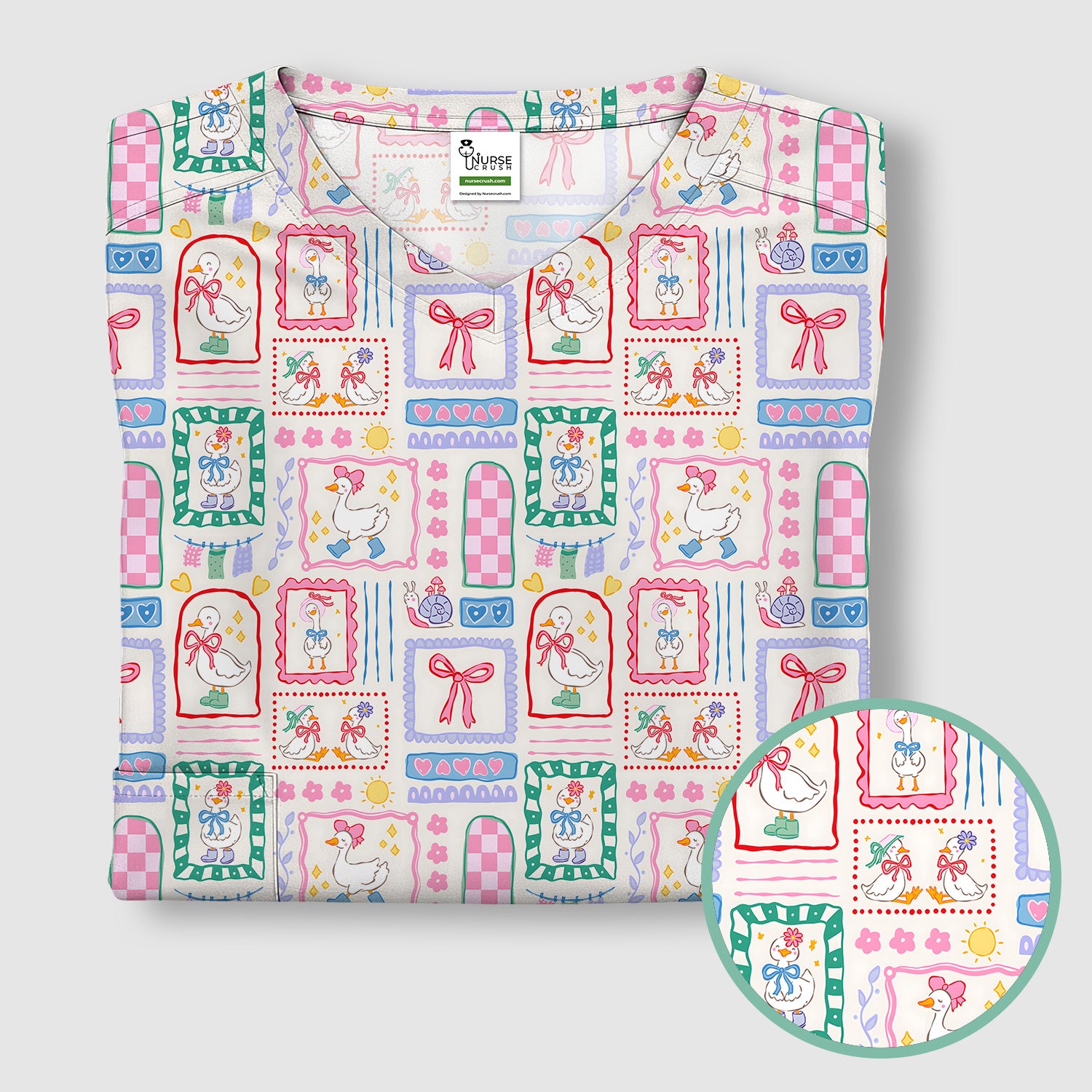 Adorable Nurse Goose Ribbon Patchwork Frame Pattern Scrub Top, Comfortable Scrubs for Nurses