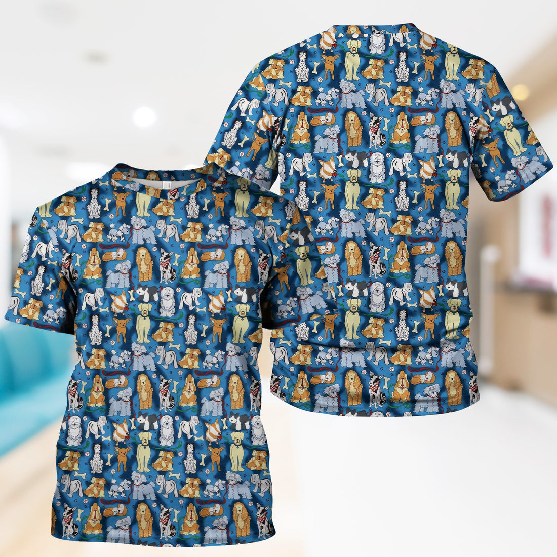 Funny Dog Lover Shirt - Cartoon Dog Breeds Pattern Design - Gift for RN LPN CNA Women Healthcare Staff