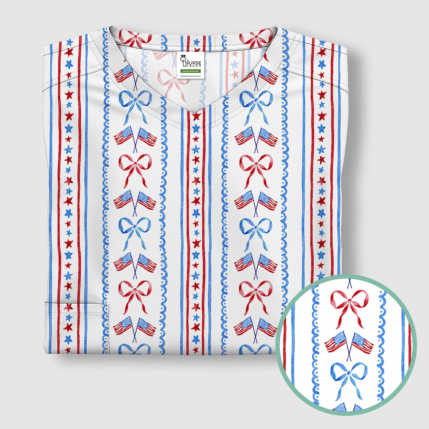 Patriotic USA Flag Bow Stripe Pattern Scrub Top, Comfortable Scrubs for Nurses