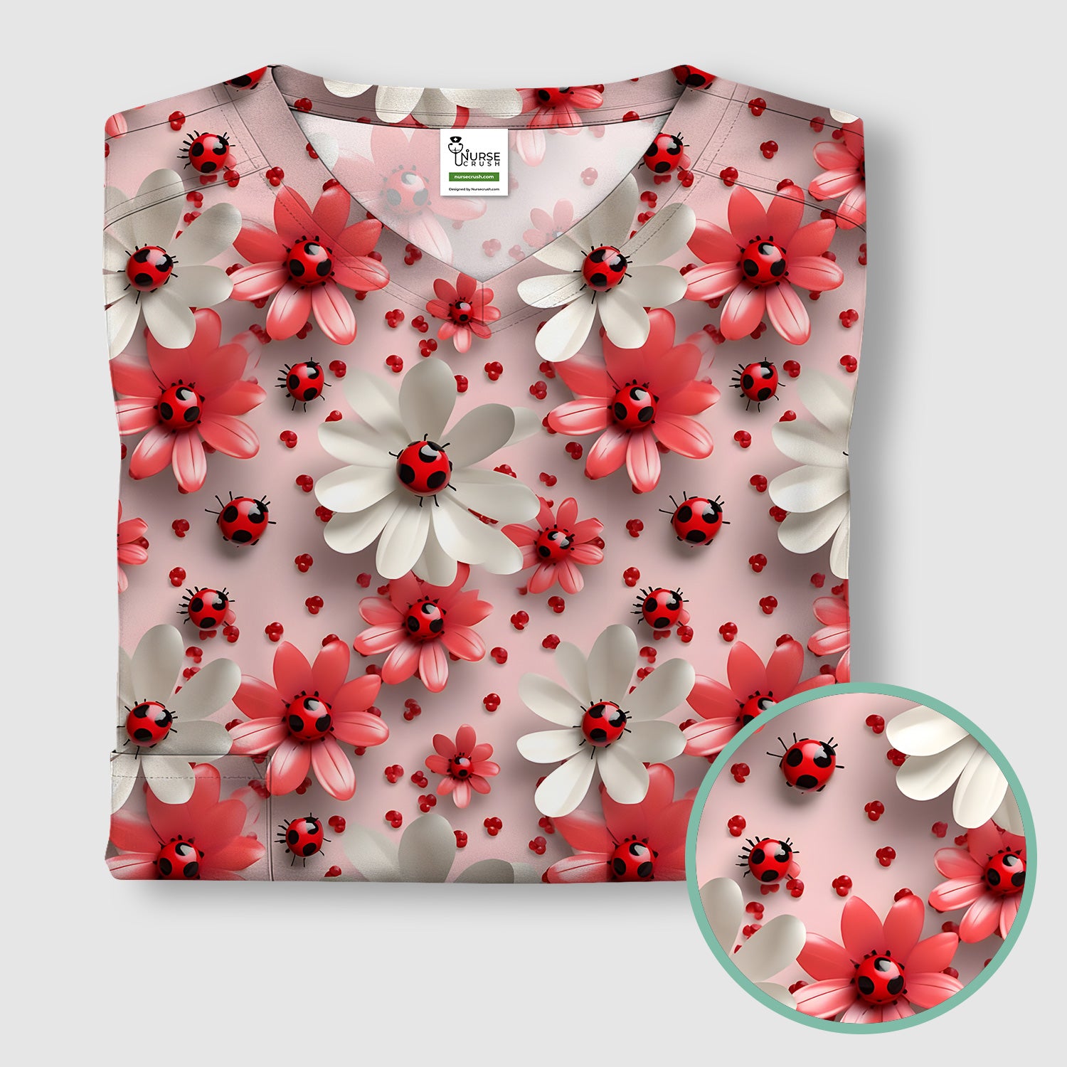 Red Ladybug Flower Pattern Scrub Top, Cute Spring Floral Nursing Uniform for Women