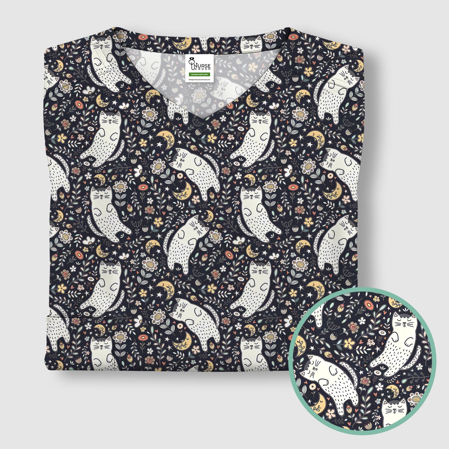 Moonlit Floral Cat Seamless Pattern Scrub Top, Comfortable Scrubs for Nurses