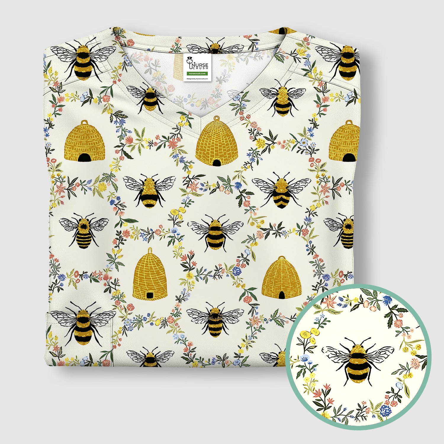Honey Bee Beehive Floral Pattern Scrub Top, Comfortable Scrubs for Nurses