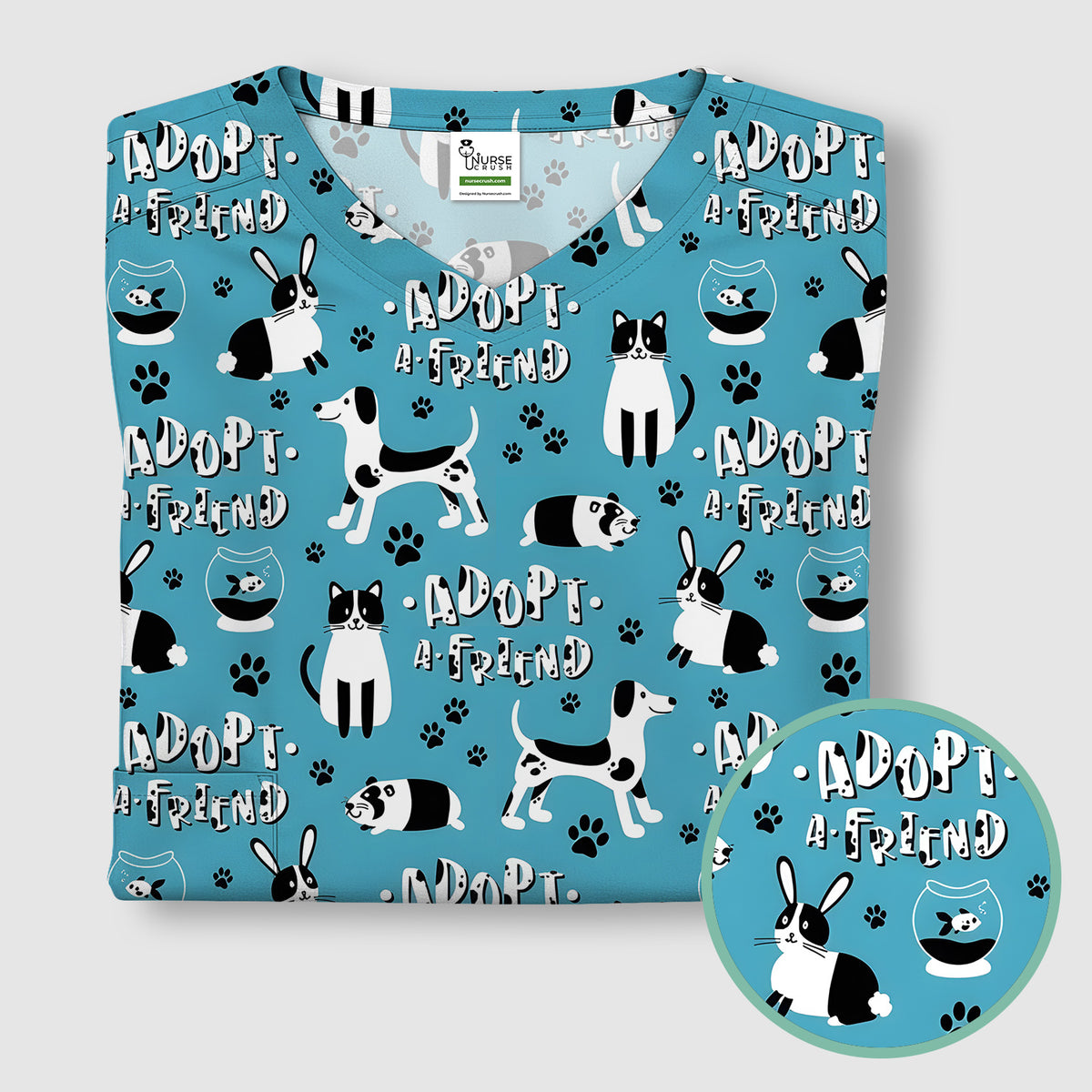 Cute Adopt A Friend Pet Pattern Scrub Top, Comfortable Scrubs for Nurses