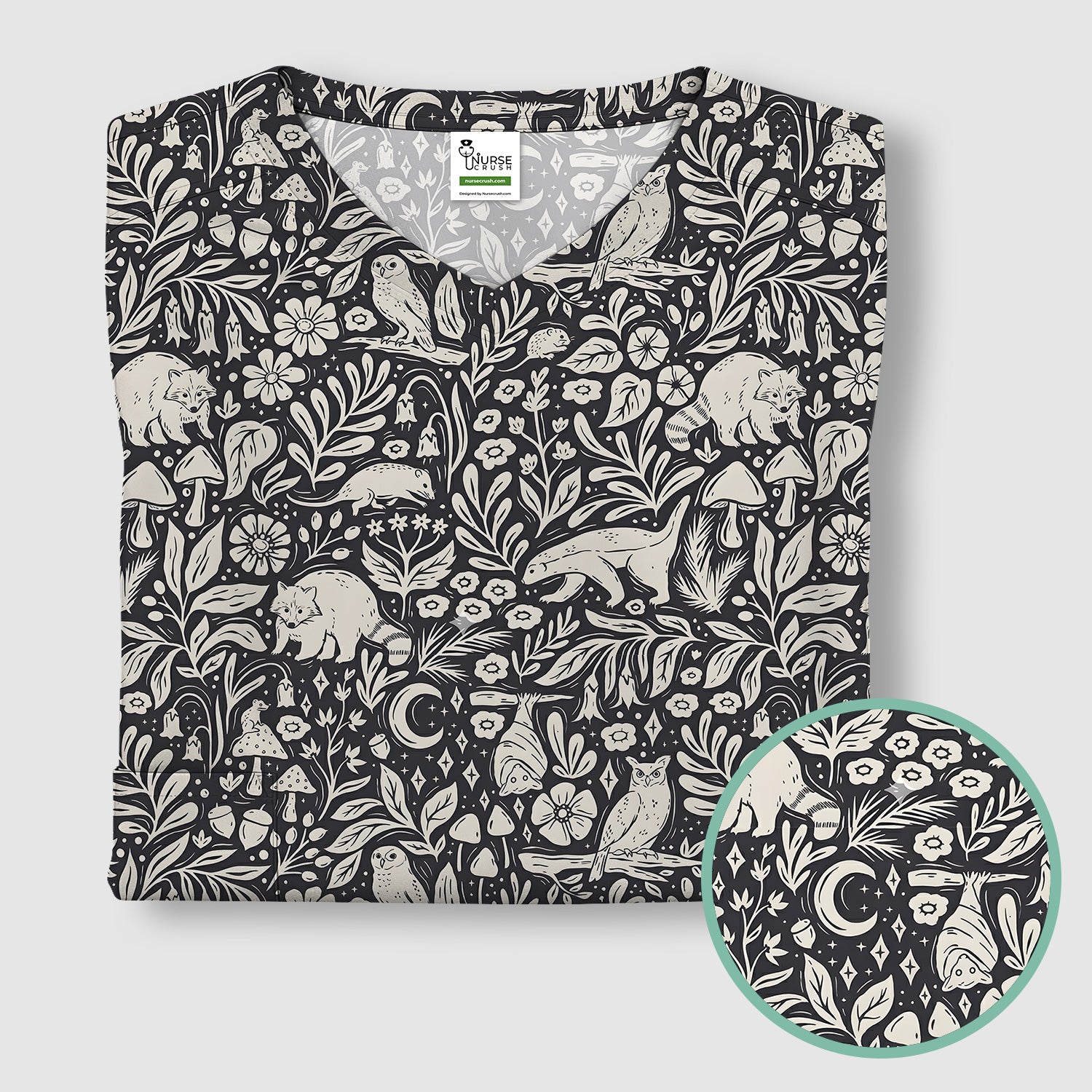 Woodland Animal Forest Pattern Scrub Top, Comfortable Scrubs for Nurses
