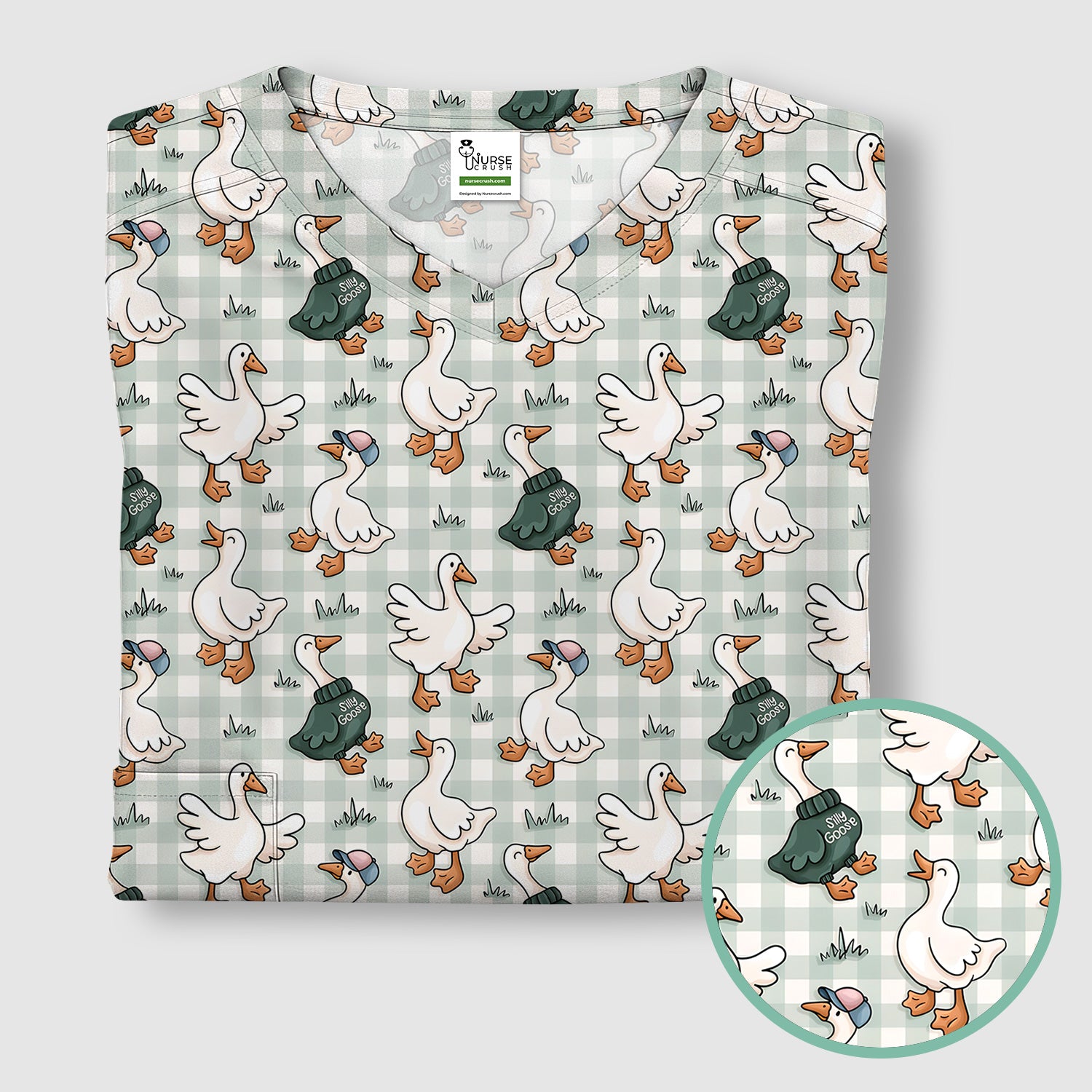 Funny Goose Wearing Sweater On Plaid Background Pattern Scrub Top, Comfortable Scrubs for Nurses