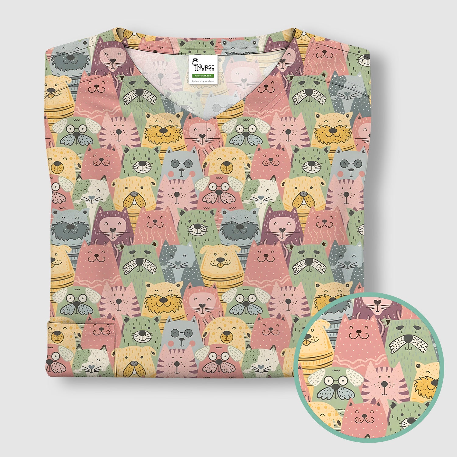 Cartoon Cat & Dog Faces Pattern Scrub Top, Comfortable Scrubs for Nurses