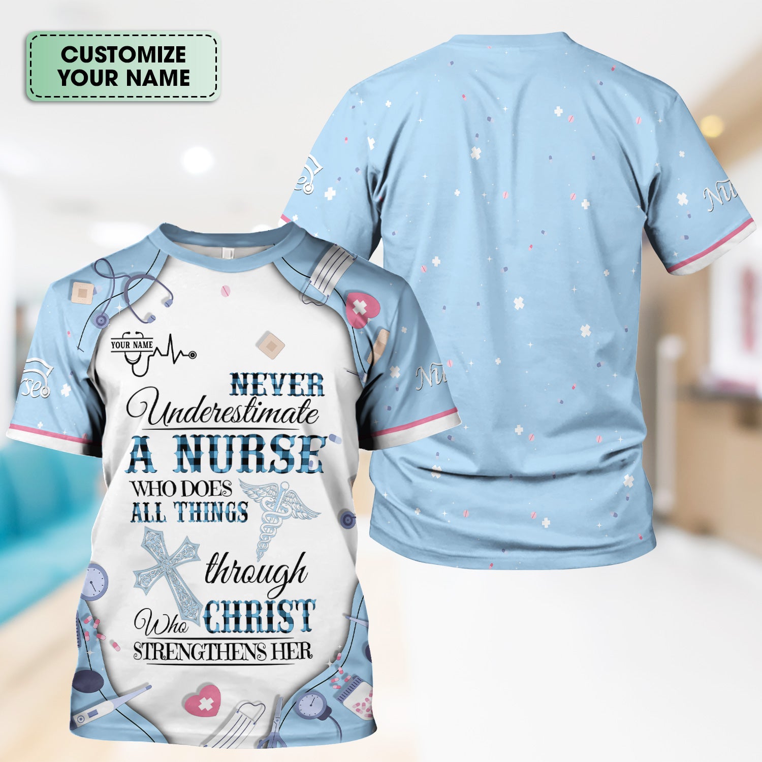 Personalized Nursing Faith Scrub for Women - Bible Verse All Things Through Christ - Religious Gift for Healthcare Professionals RN LPN CNA