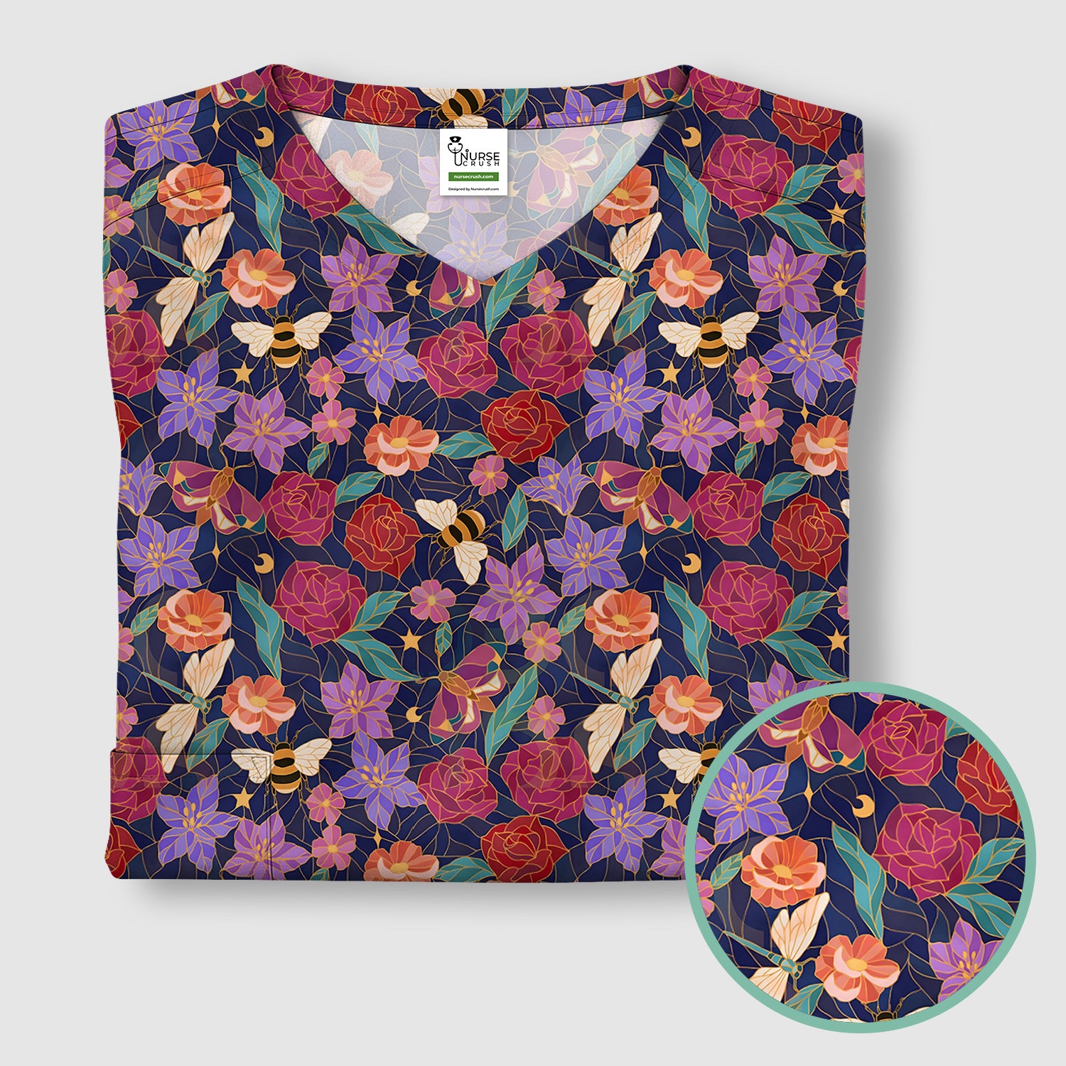 Charming Floral Garden With Bees And Dragonflies Scrub Top, Comfortable Scrubs for Nurses