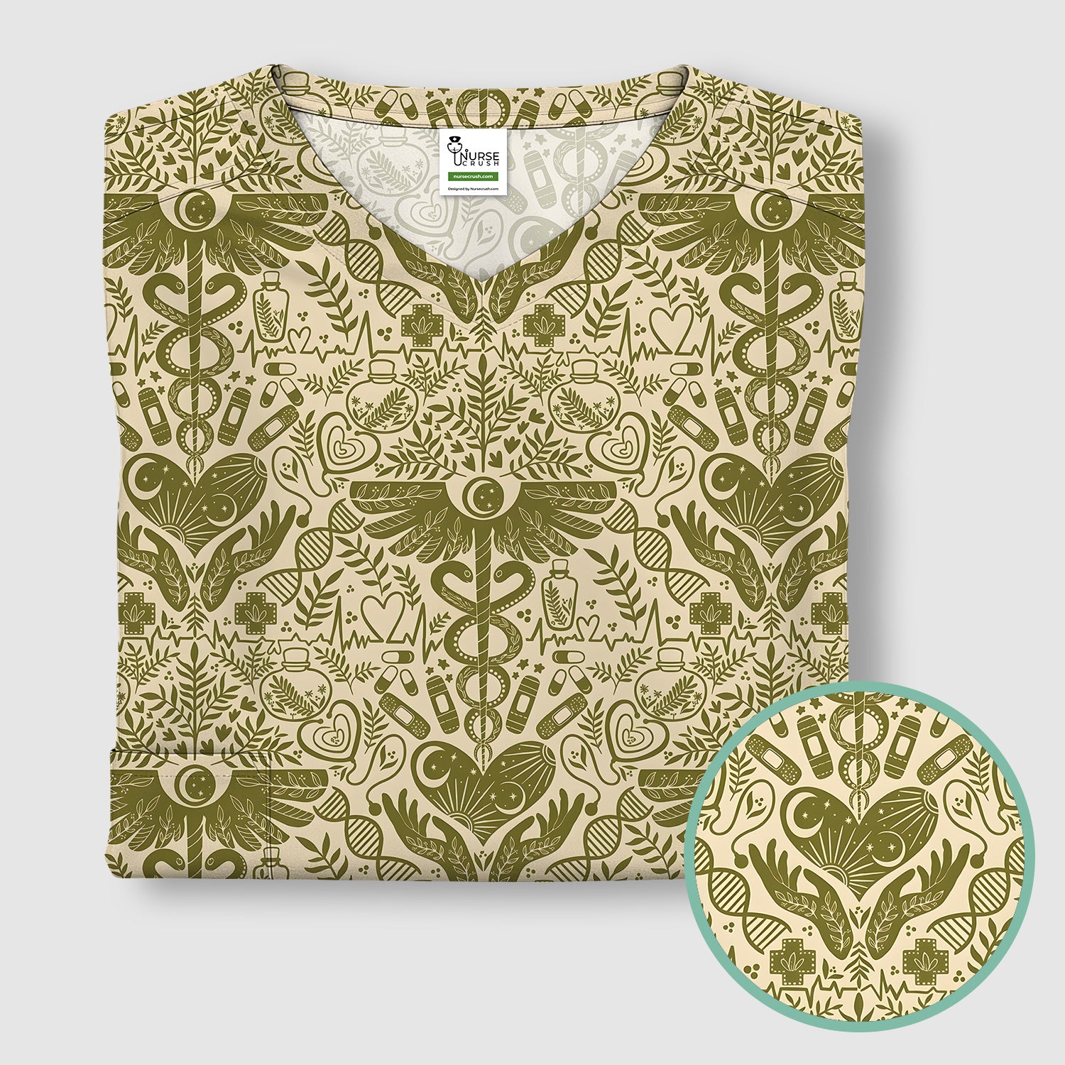 Inspirational Botanical Medical Caduceus Heart Nurse Pattern Scrub Top, Breathable Fabrics Nursing Uniform
