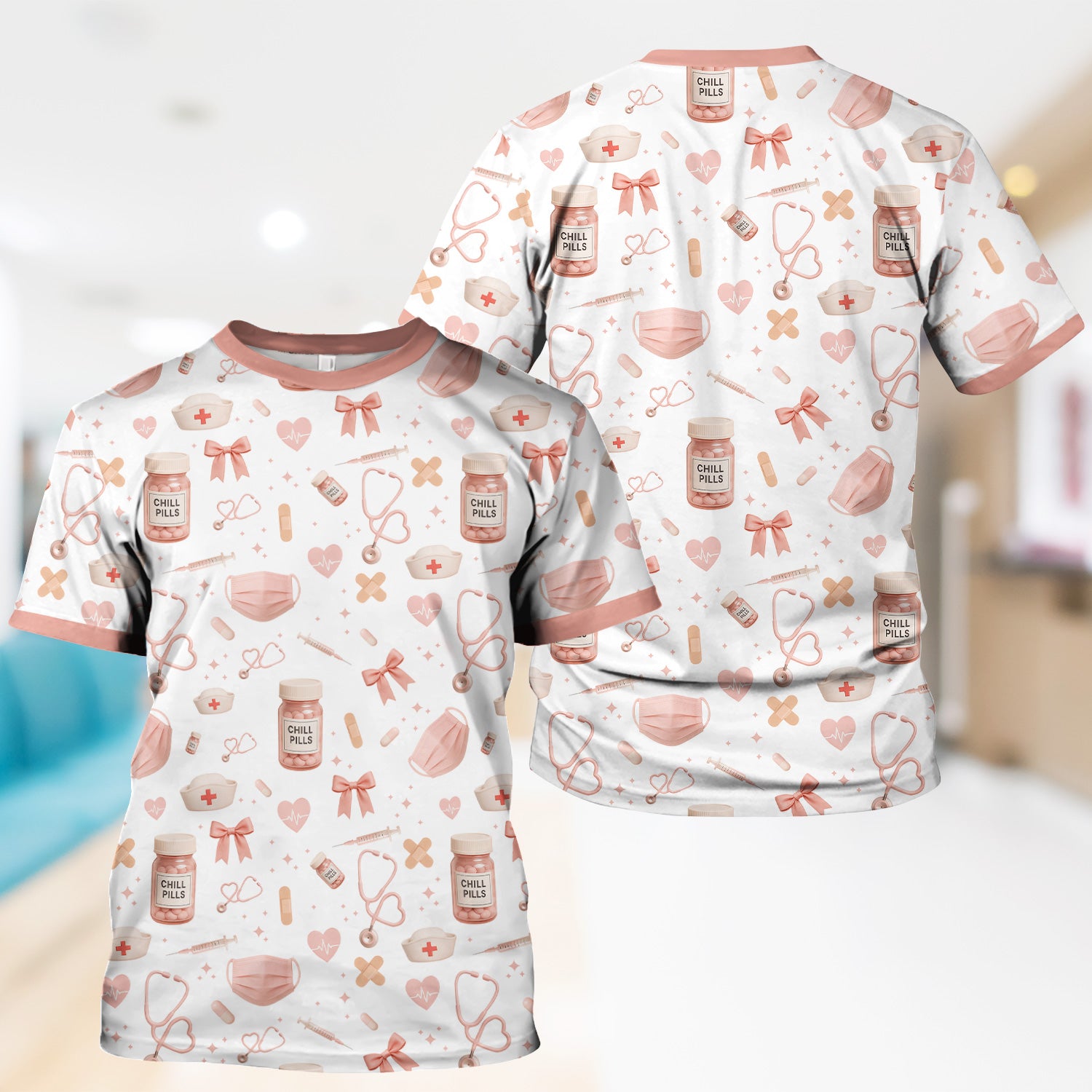 Personalized Cute Nurse Scrub Top - Pink Chill Pills & Medical Icons Pattern - Fun Aesthetic Gift for RN CNA LPN Healthcare Workers