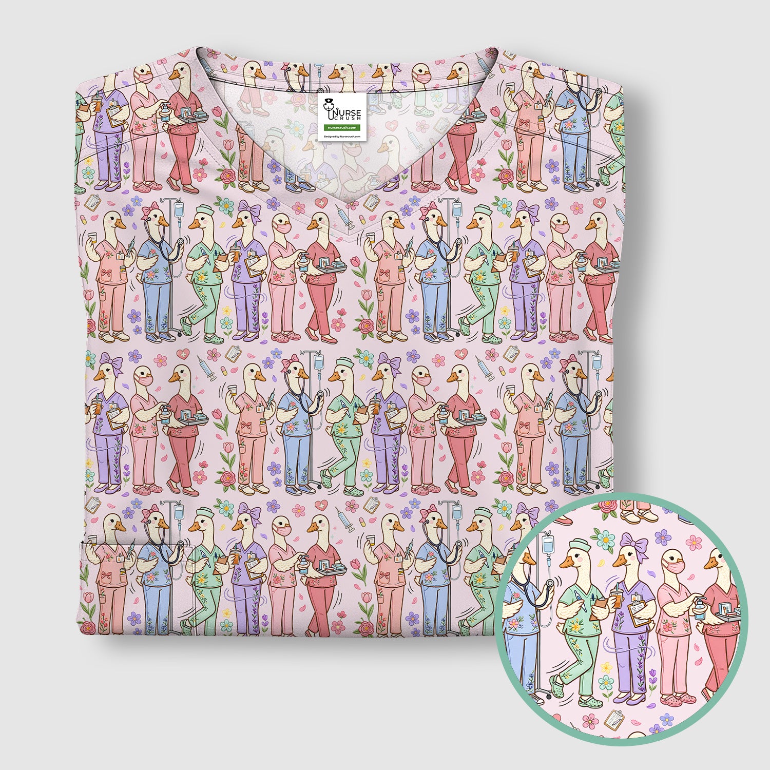 Goose Characters Floral Medical Team Uniform Pattern Scrub Top, Breathable Fabrics Nursing Uniform