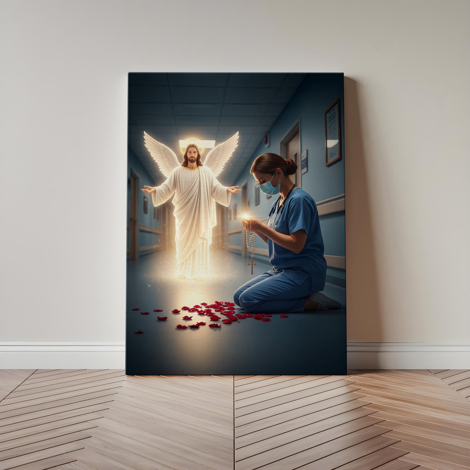 Christian Nurse Praying Canvas, Jesus Christ Angel and Nurse with Rosary Wall Art, RN LPN CNA Gift