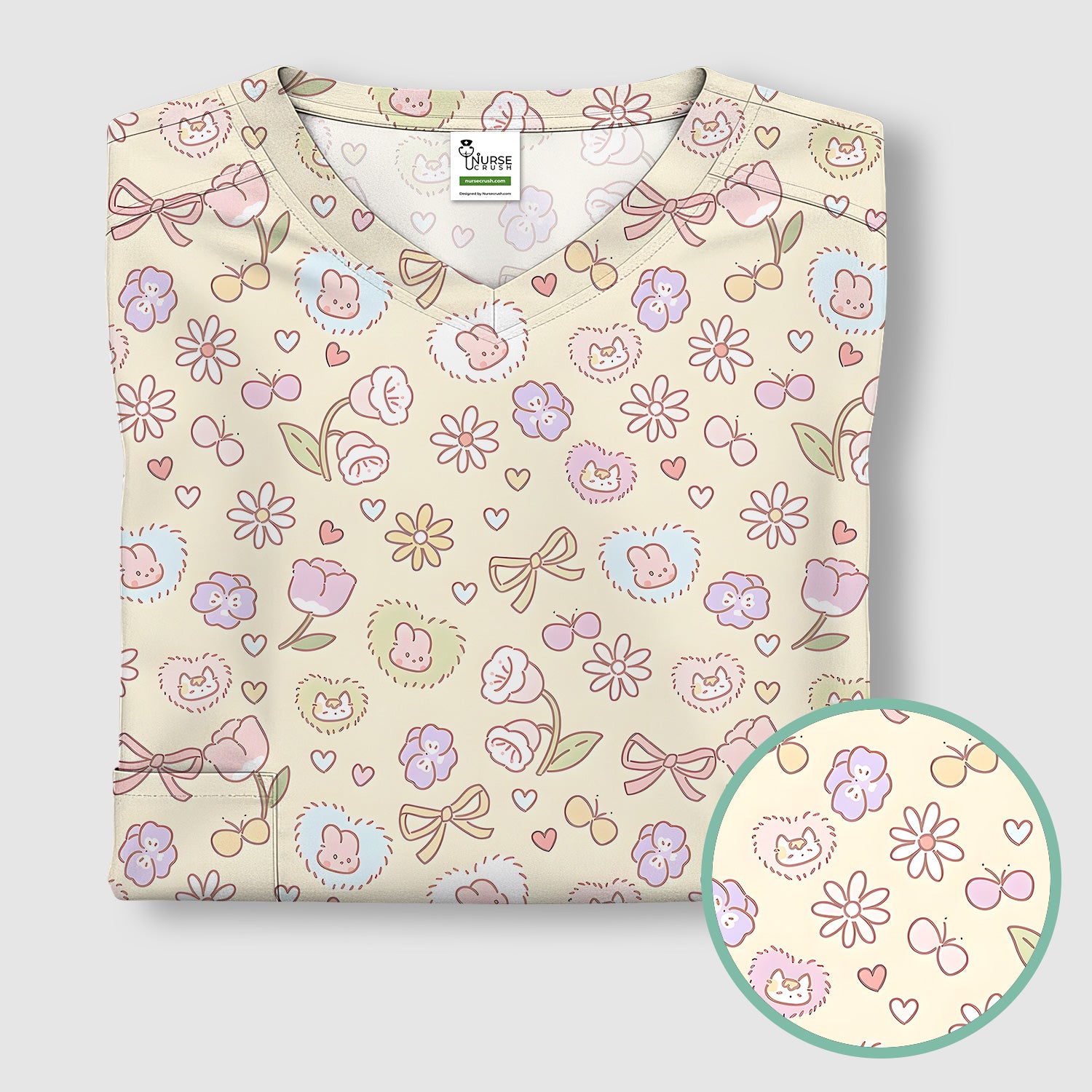 Pastel Bunny Flower Heart Pattern Nurse Scrub Top, Comfortable Scrubs for Nurses