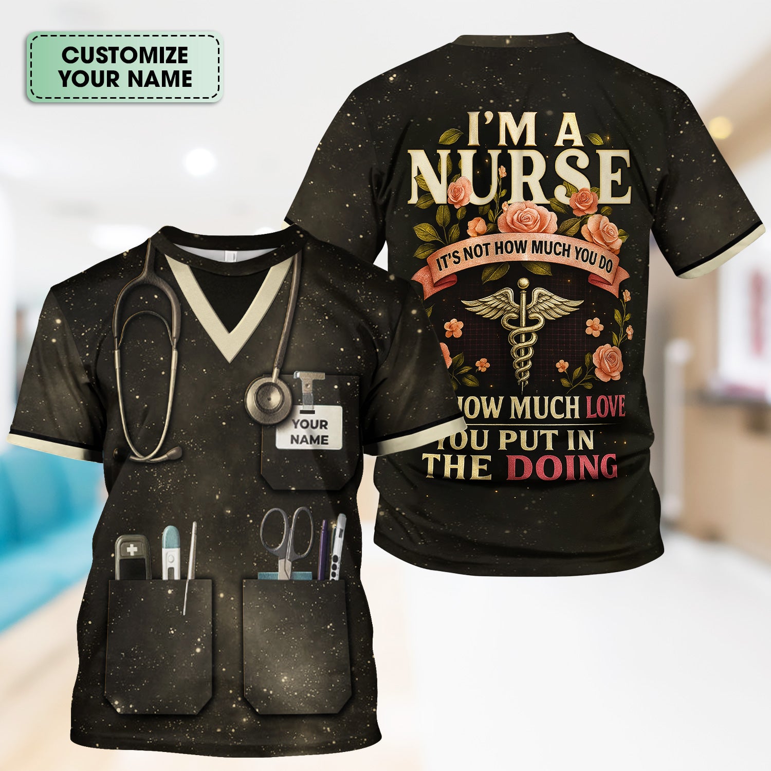 Custom Name Nurse Scrub Shirt - Stethoscope Pocket Tools & Flower Inspiration Design - Appreciation Gift for RN CNA LPN Healthcare Workers