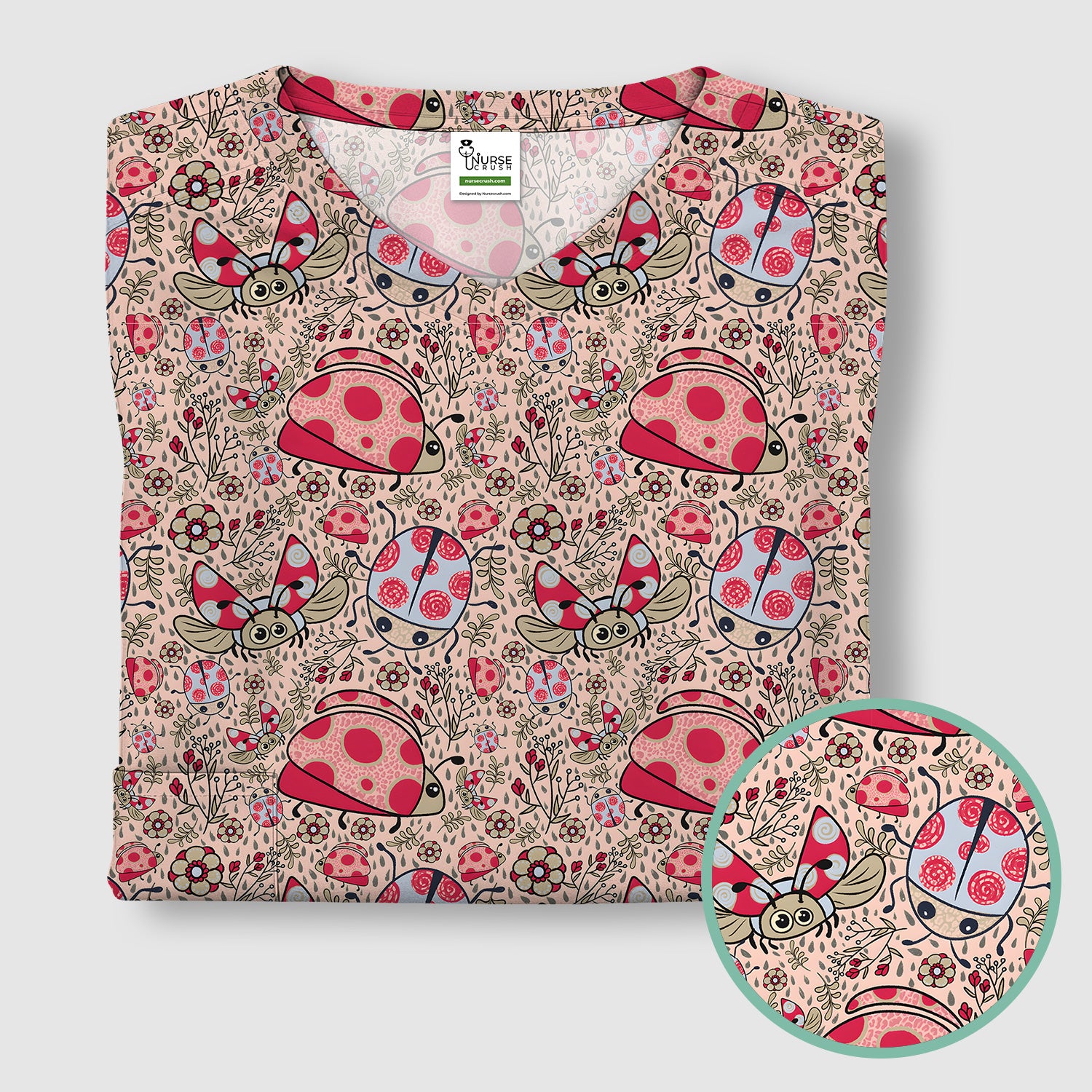 Cute Ladybug Rain Garden Pattern Scrub Top, Breathable Fabrics Nursing Uniform