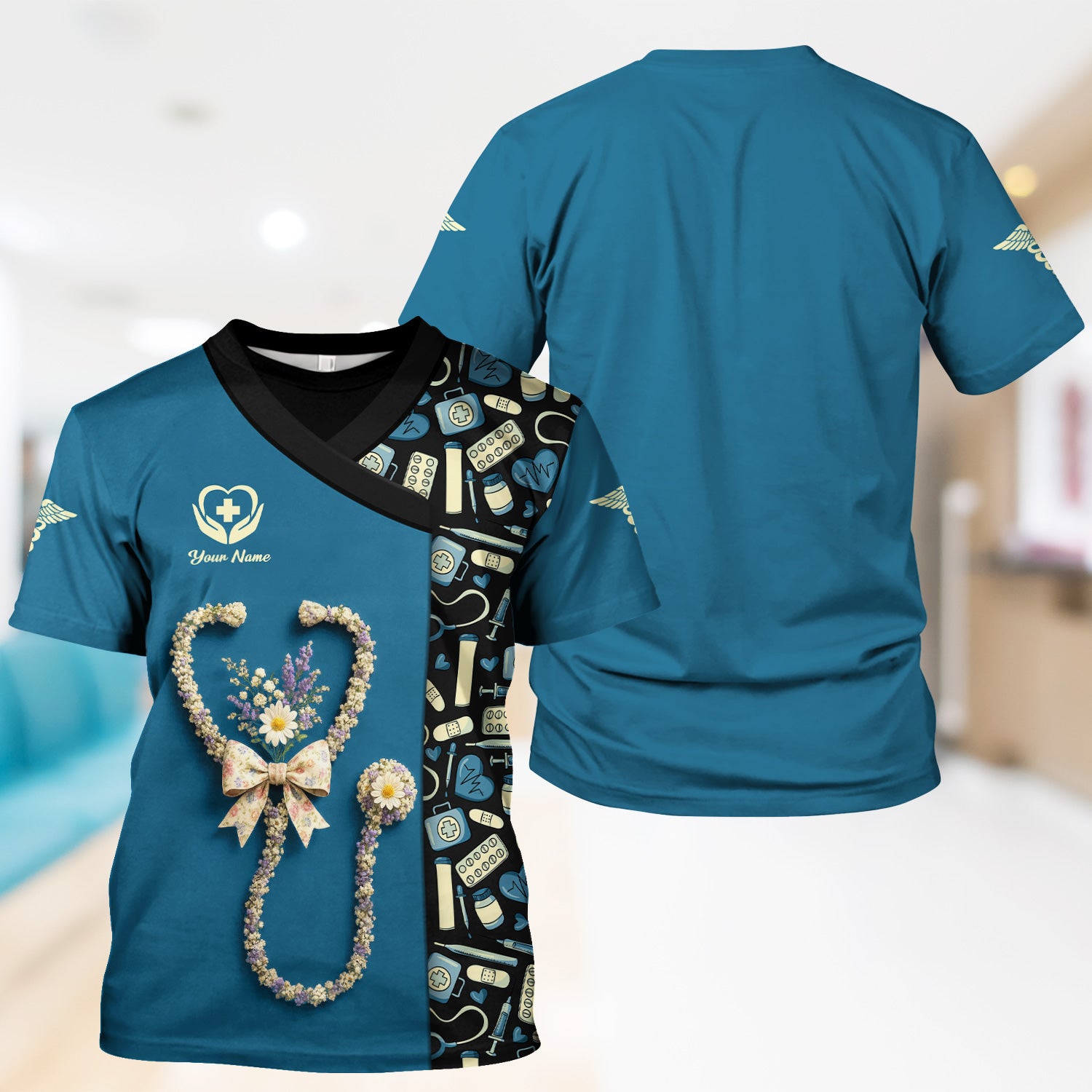 Colorful Nurse Scrubs for Women RN CNA LPN - Inspirational Floral Stethoscope Top with Heart Design - Gift for Healthcare Workers with Custom Name