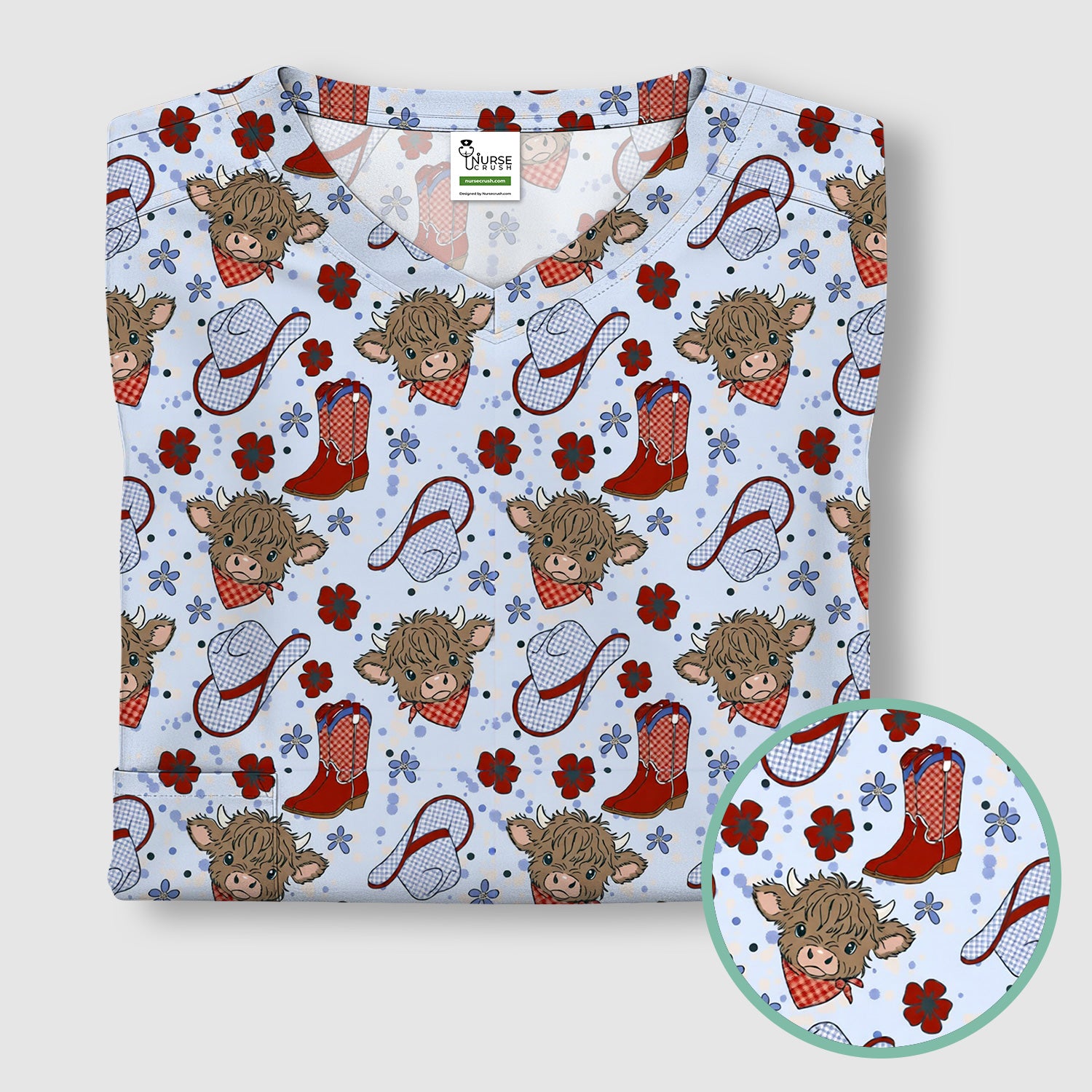 Cute Highland Cow Cowboy Boots Pattern Scrub Top, Comfortable Scrubs for Nurses