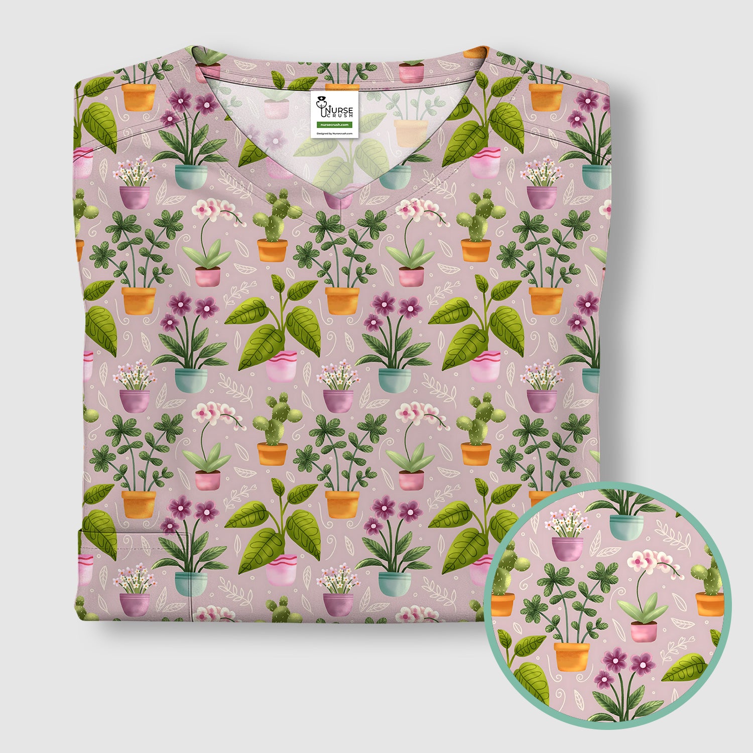 Potted Plant Orchid Cactus Pattern Scrub Top, Comfortable Scrubs for Nurses