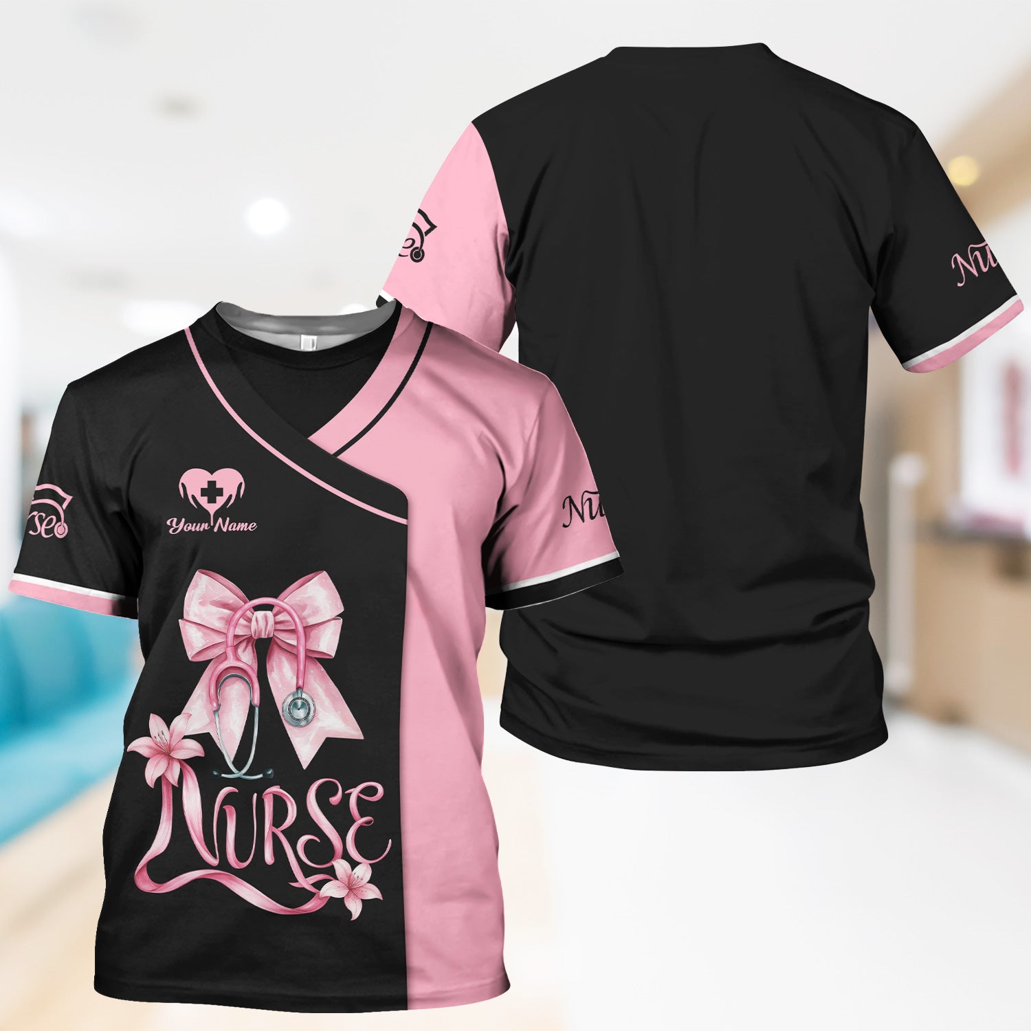 Custom Name Nurse Scrub Top for Women - Floral Ribbon Medical Graphic - Gift for Stylish RN, CNA, LPN Nurse Week