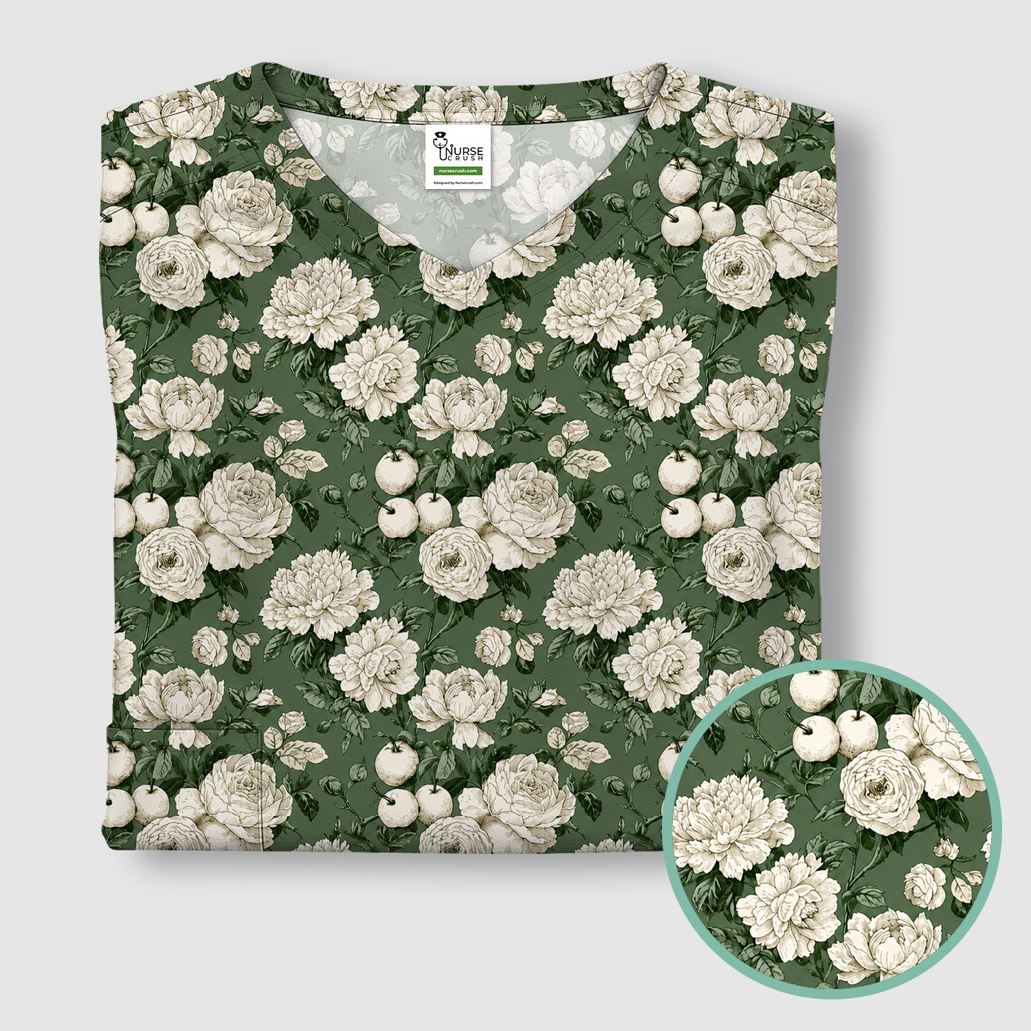 Elegant White Rose Garden Pattern Scrub Top, Comfortable Scrubs for Nurses