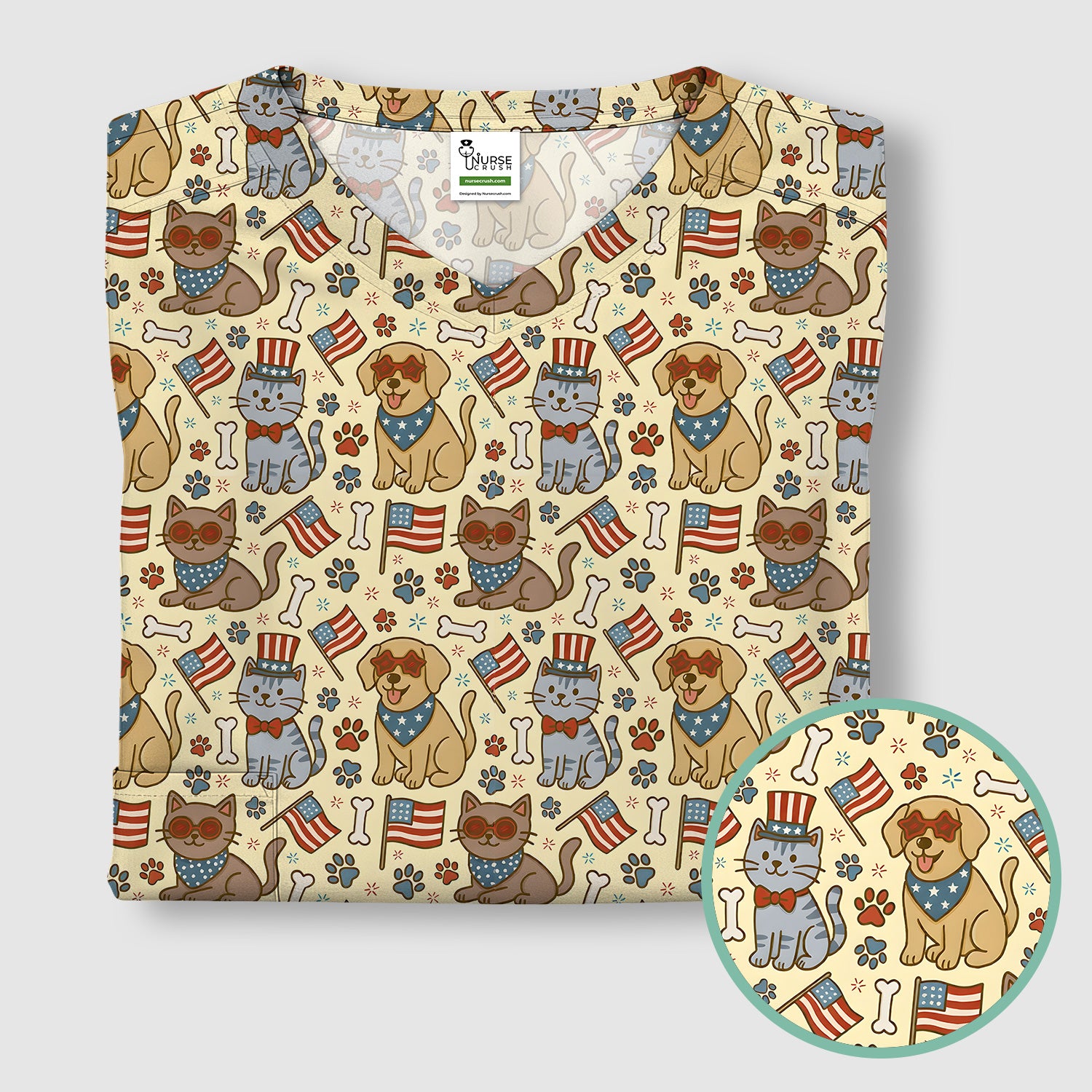 American Flag Patriotic Cat & Dog Pattern Scrub Top, Comfortable Scrubs for Nurses