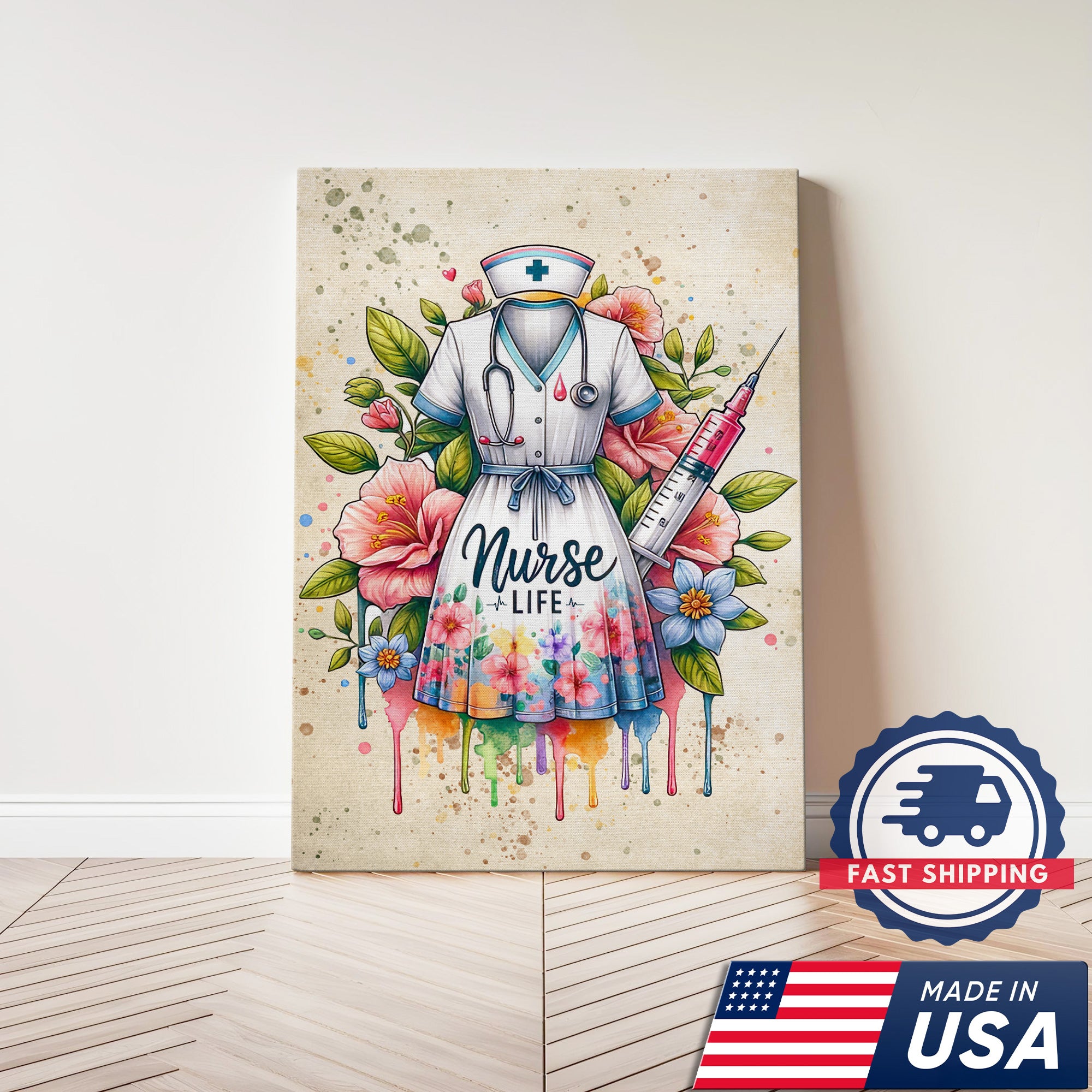 Nurse Life Canvas Art, Floral Nurse Dress Wall Decor, Nurse Graduation Gift for CNA RN LPN