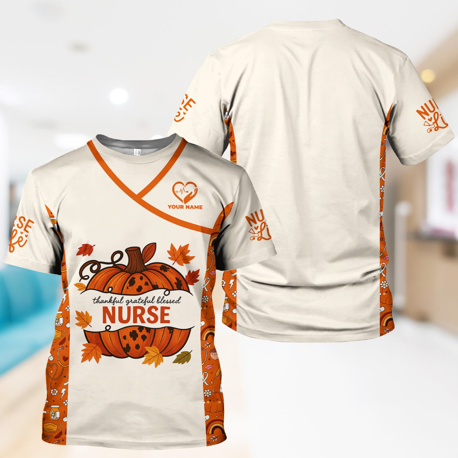 Fall Nurse Scrub Shirt with Pumpkin Design - Thankful Grateful Blessed Quote - Custom Autumn Gift for Women RN CNA LPN