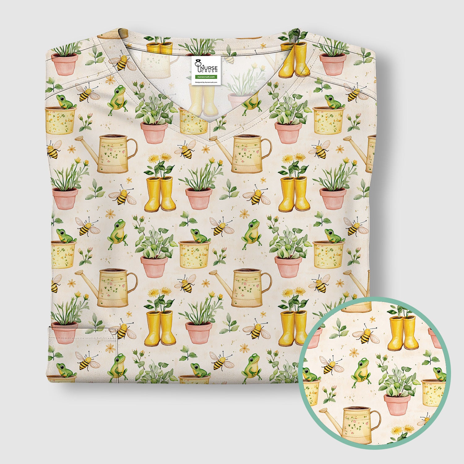 Cute Nurse Frog And Bee Garden Pattern Scrub Top, Breathable Fabrics Nursing Uniform