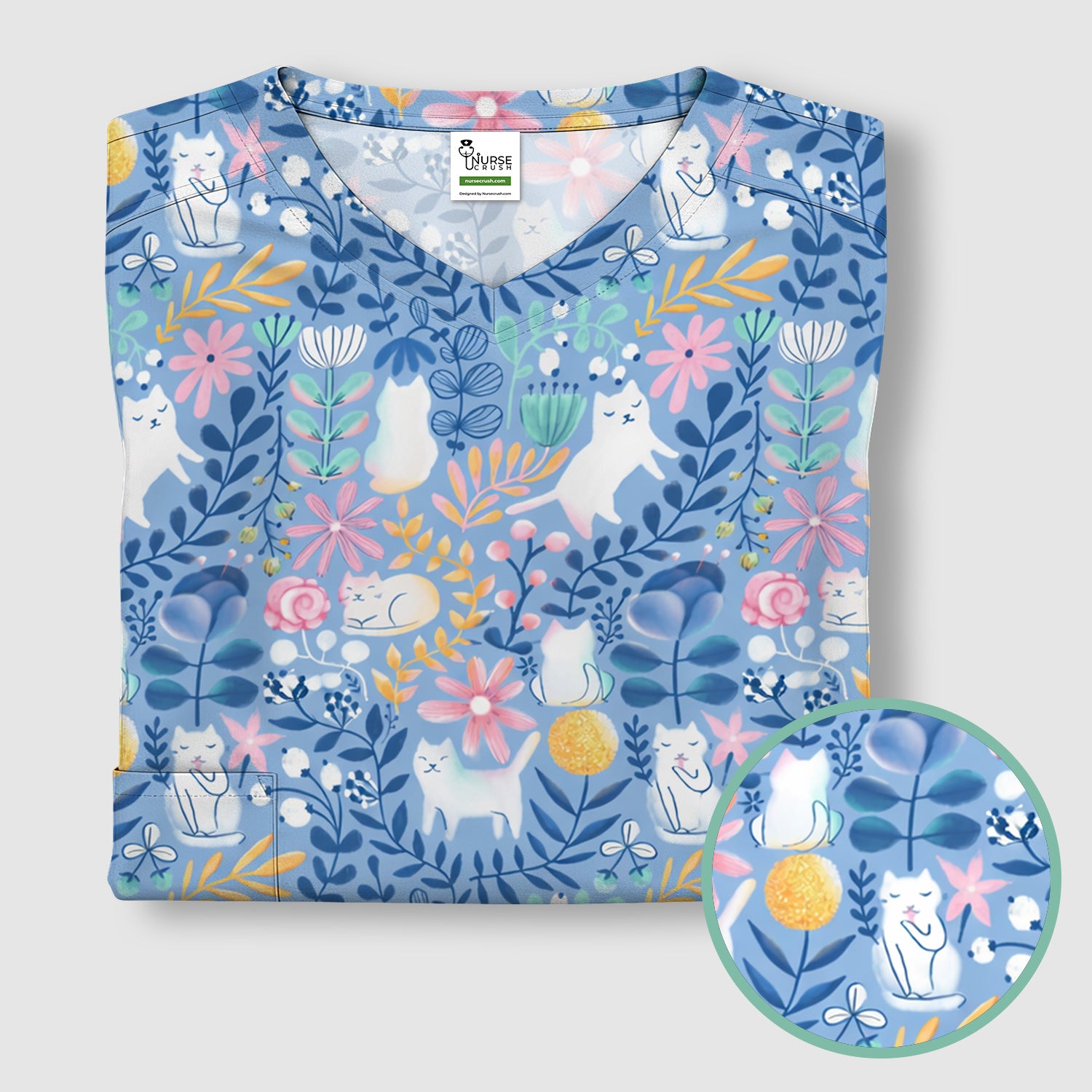 Whimsical Cat Floral Pattern Scrub Top, Breathable Fabrics Nursing Uniform