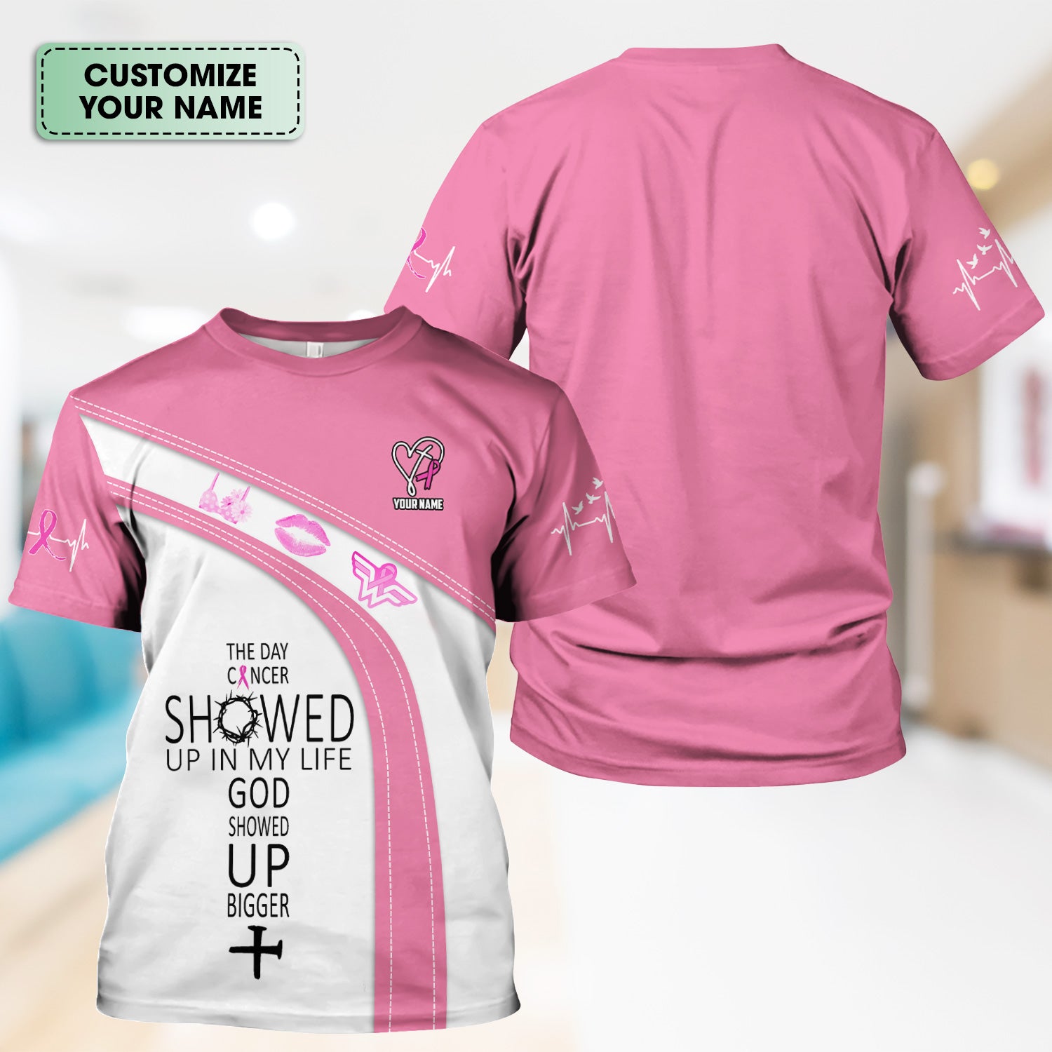 Custom Breast Cancer Awareness Faith Scrub - The Day Cancer Showed Up Quote - Gift for Women RN LPN CNA