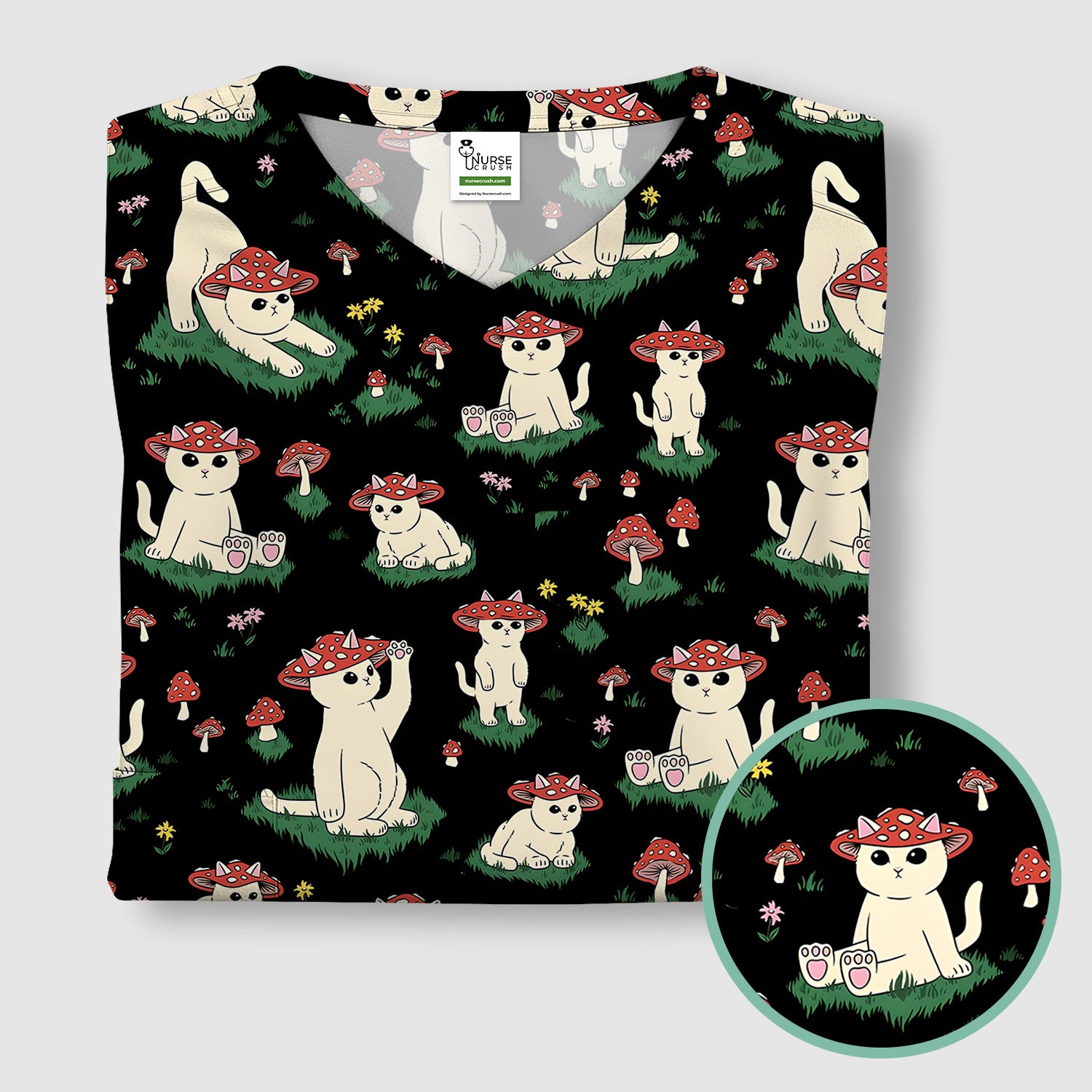 Cute Mushroom Cat Pattern Scrub Top, Comfortable Scrubs for Nurses