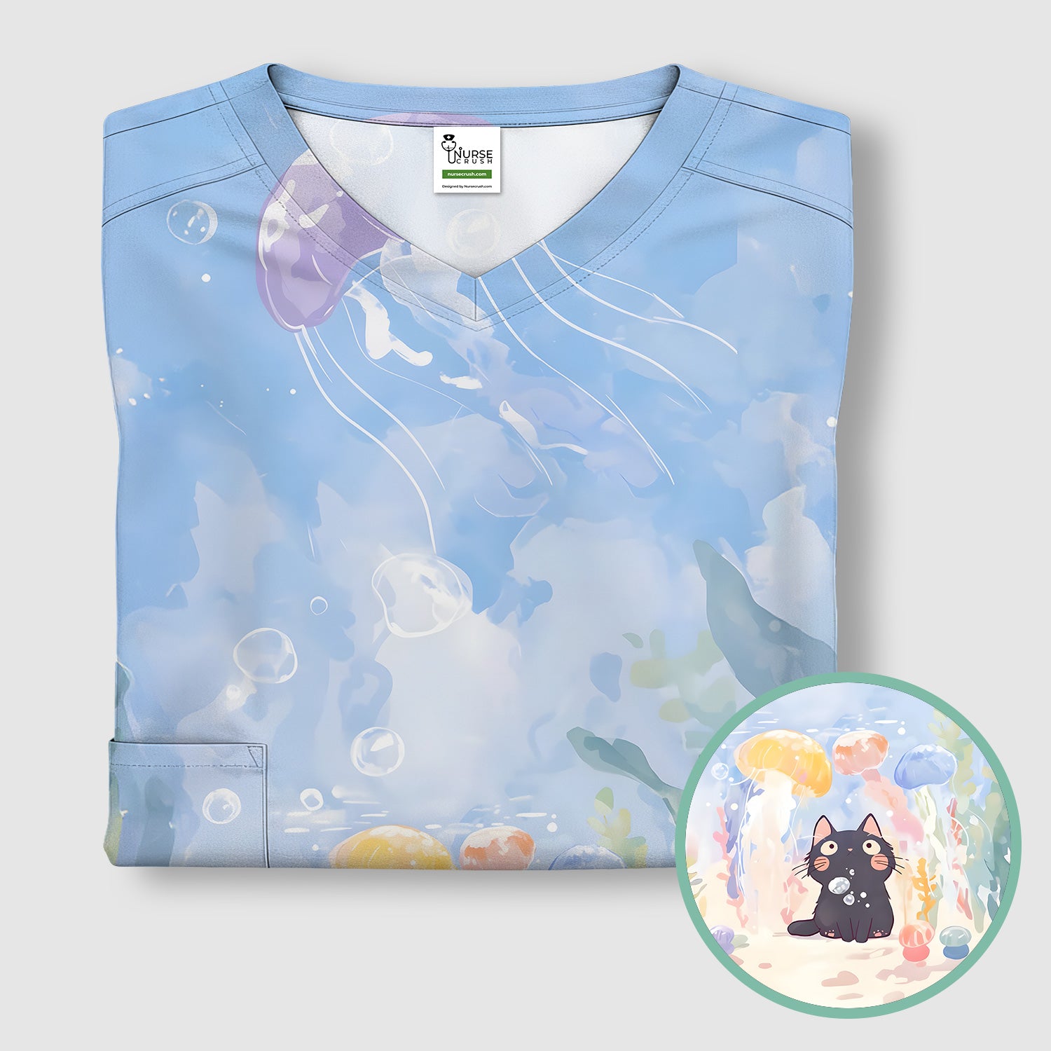Cute Underwater Black Cat Jellyfish Pattern Scrub Top, Comfortable Scrubs for Nurses