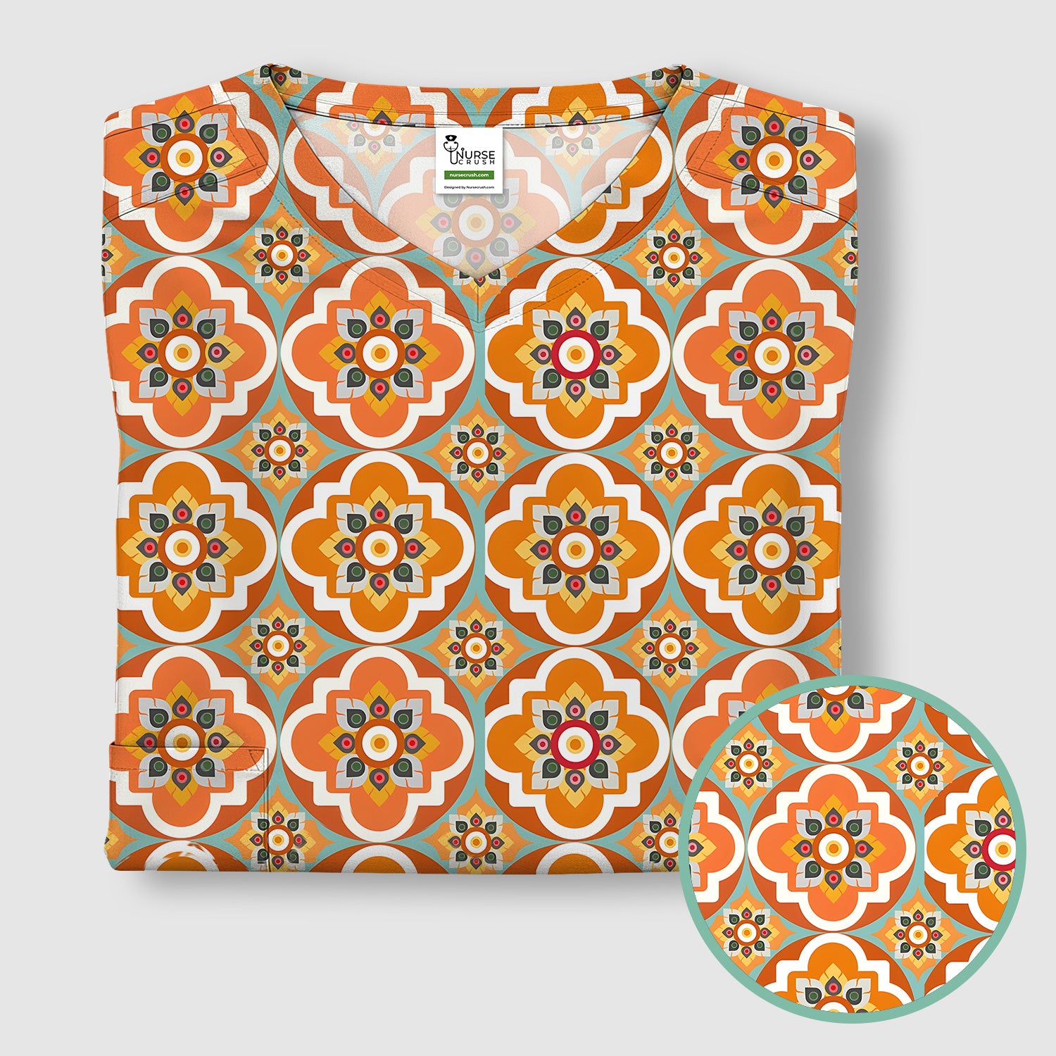 Orange Retro Geometric Floral Pattern Scrub Top, Comfortable Scrubs for Nurses